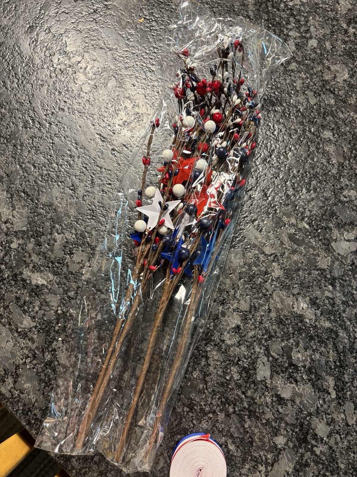 4 Pack Patriotic Artificial Berry Stem Picks with 5-Yard Ribbon, 4th of July