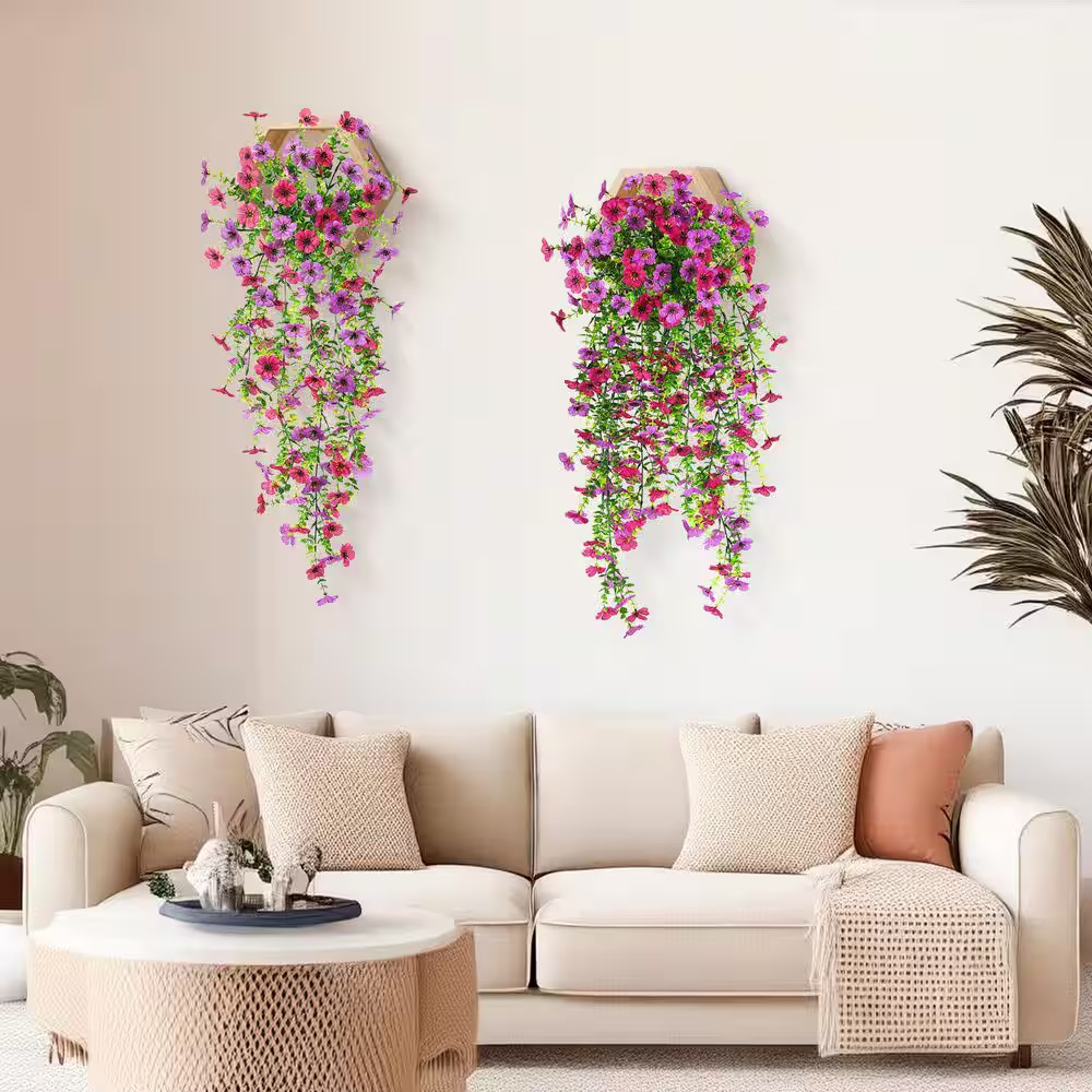 22In. Purple Outdoor Artificial Hanging Daisy Flower Basket with Eucalyptus Leav