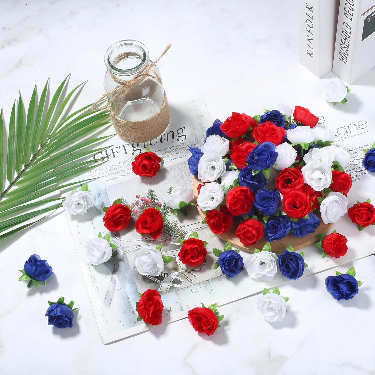 100 Pcs Mini Patriotic Roses Head 4th of July Artificial Flowers Small Rose f…