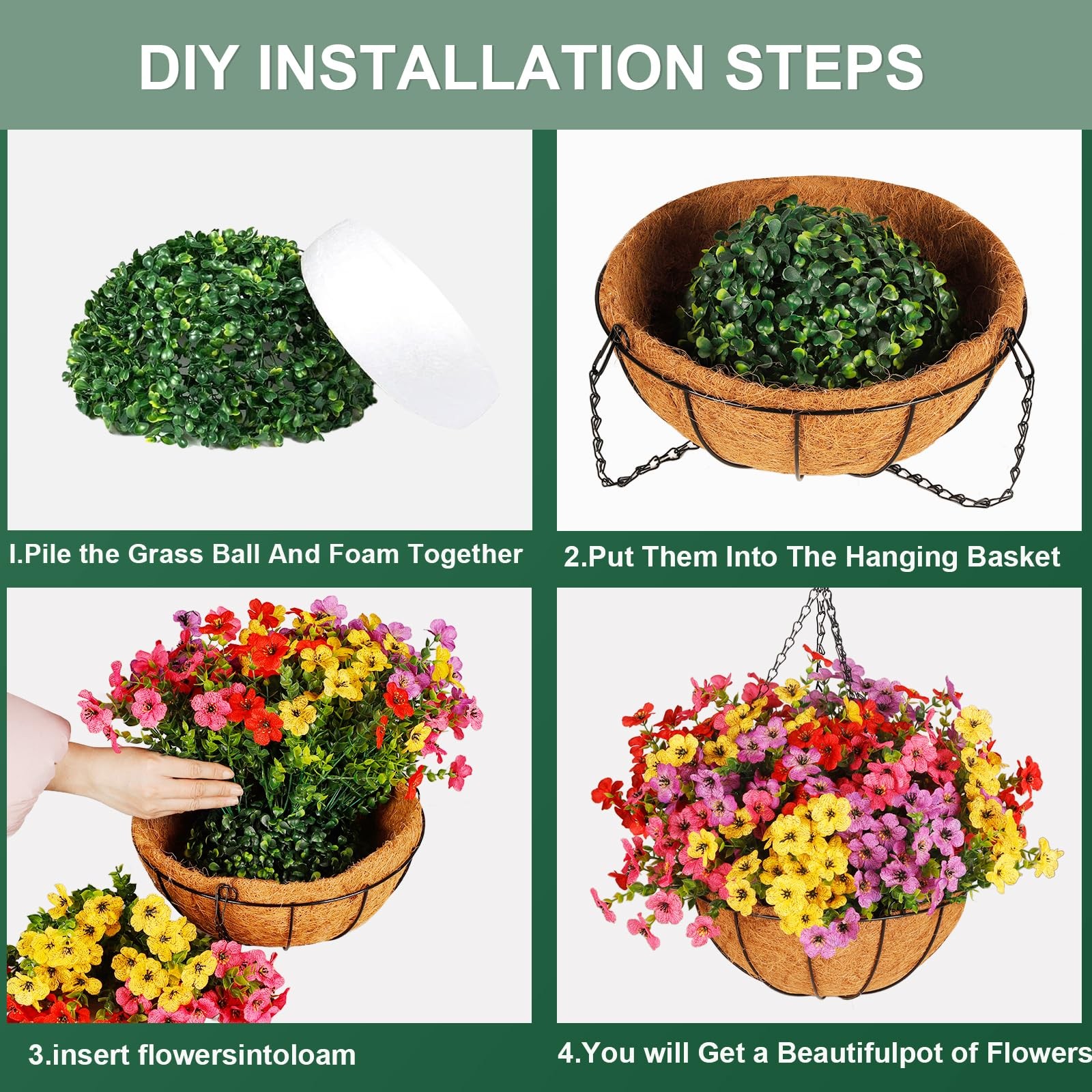 Artificial Outdoors Flowers with Hanging Basket, UV Resistant Fake Hanging Fl…