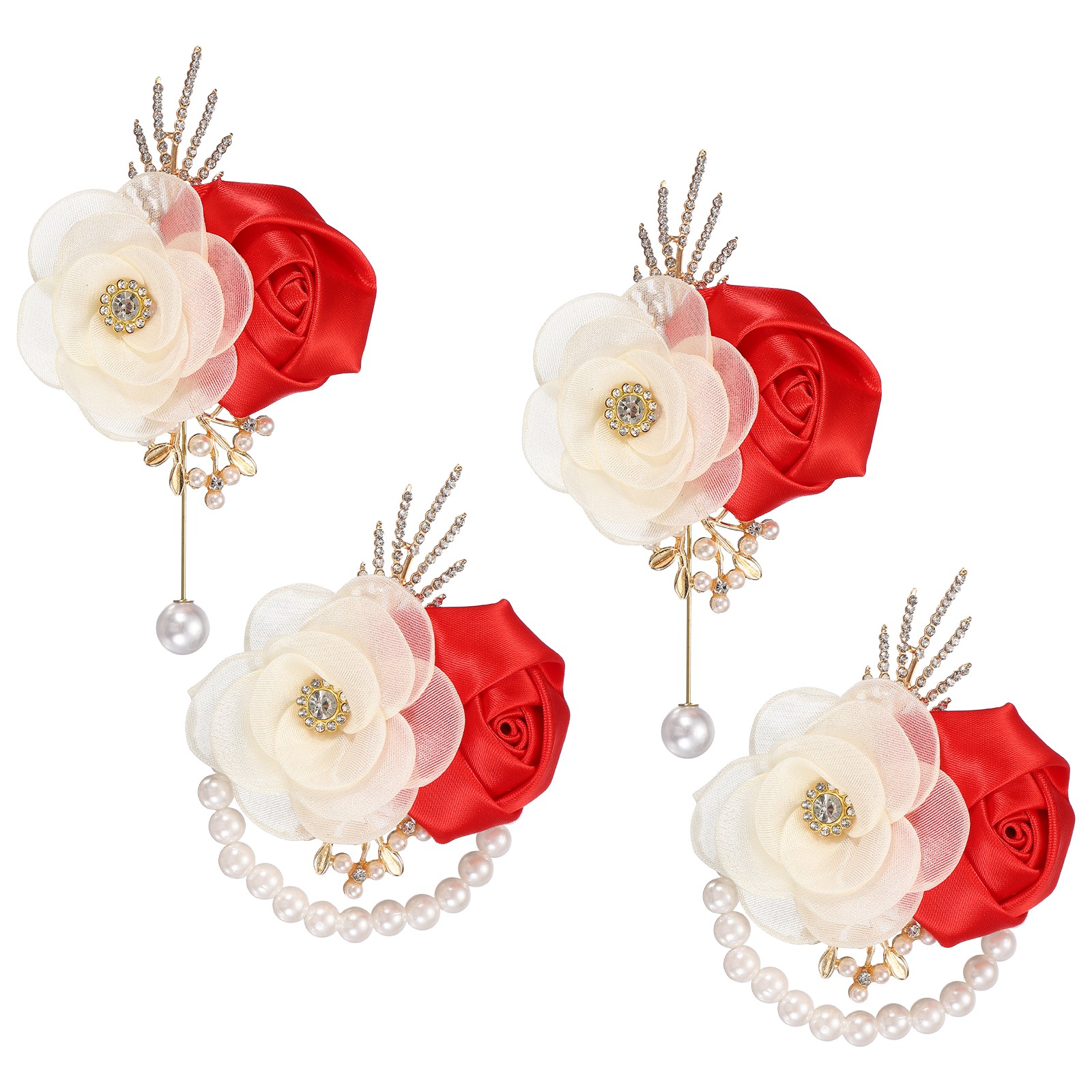 2 Sets Wrist Corsage and Boutonnieres Set for Wedding Groom Bride, Red