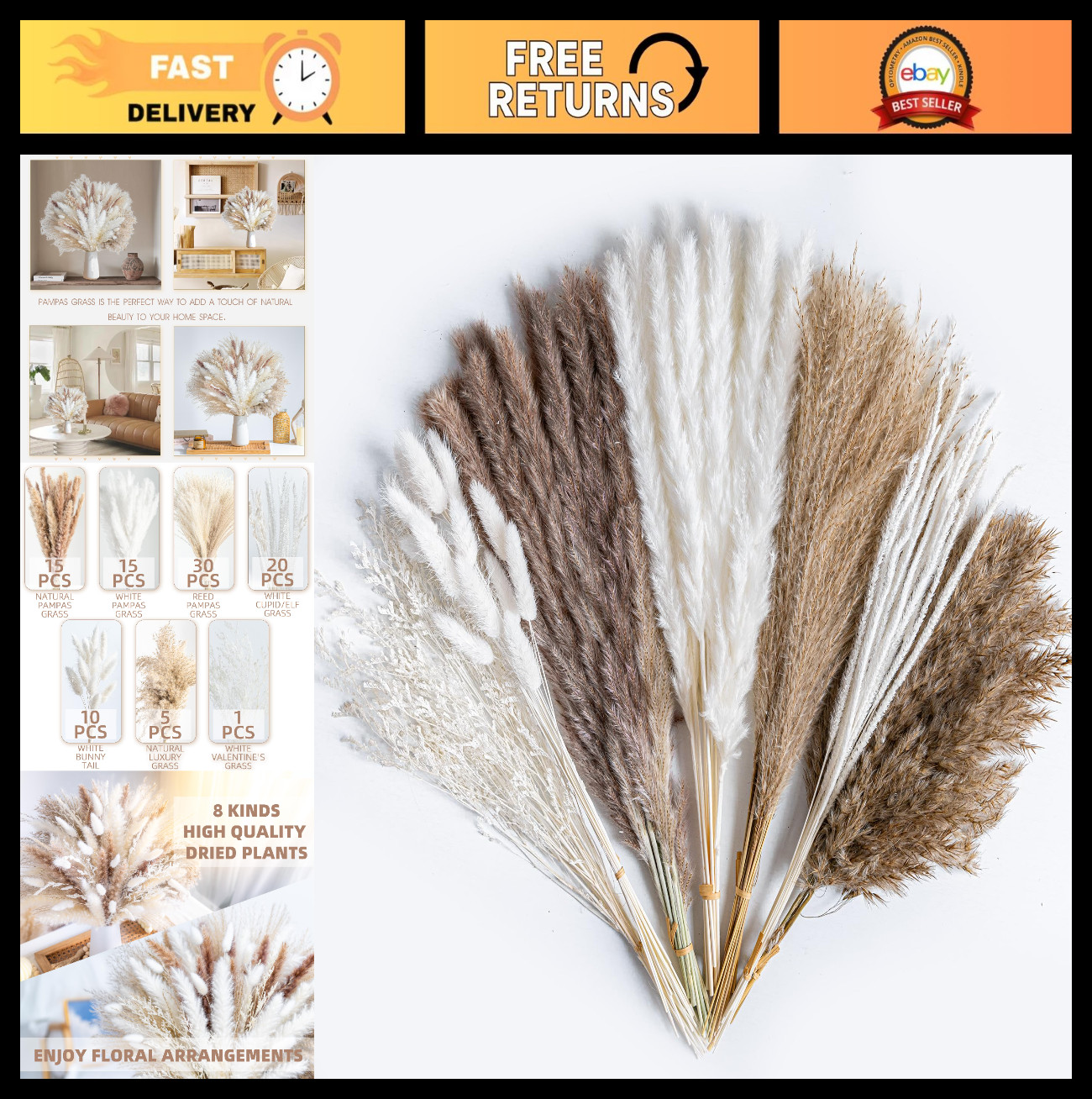 96PCS Dried Pampas Grass Bouquet – Boho Home Decor, Wedding Floral Arrangements,