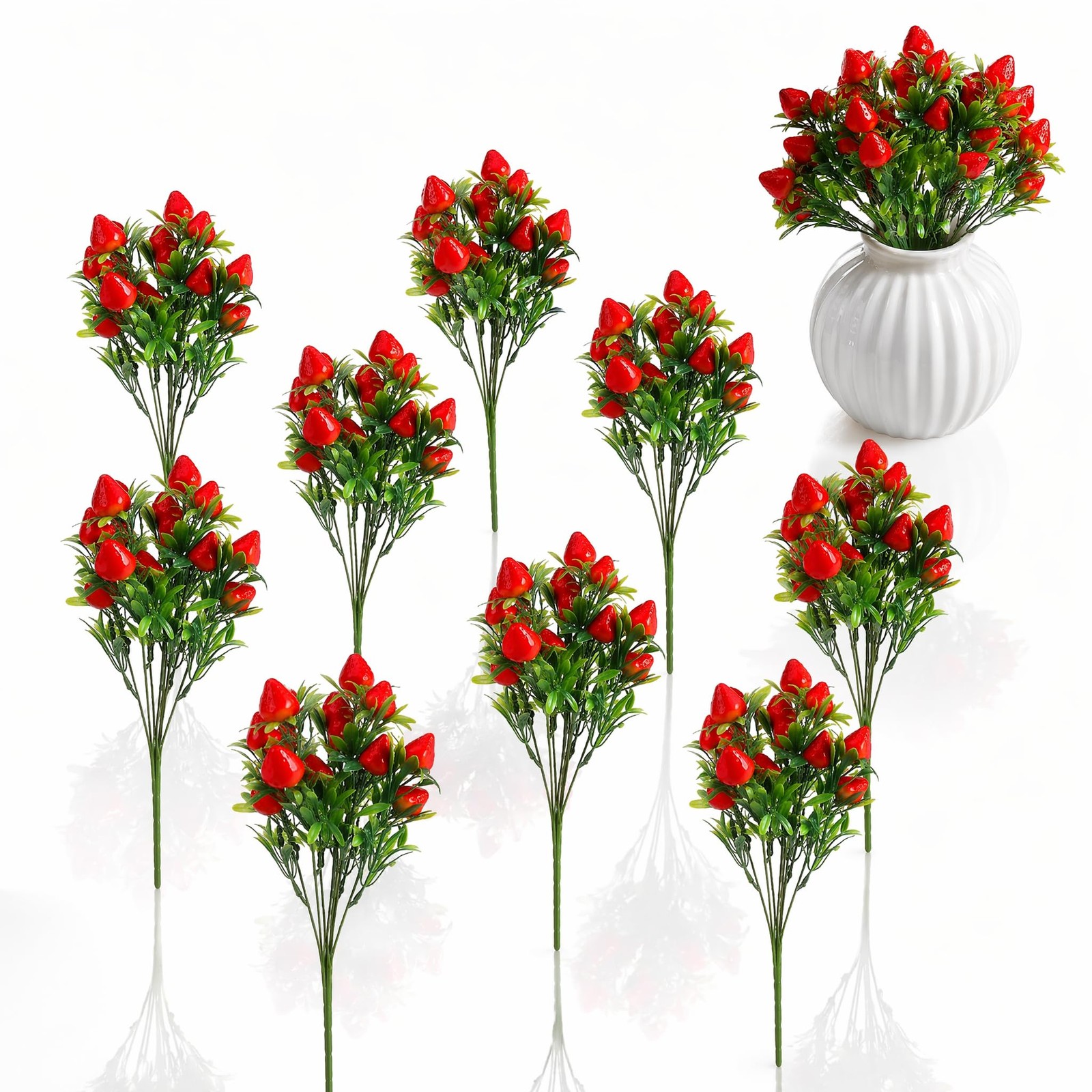 9 Pcs Artificial Strawberries for Decor, 11.8″ Fake Strawberry Branches Flowe…