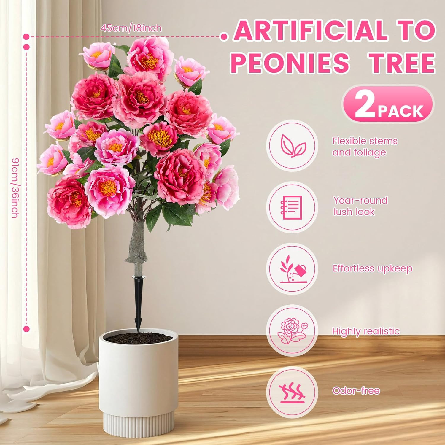 2 Pack 36″ UV Resistant Artificial Peonies for Indoor/Outdoor Decor – Champagne