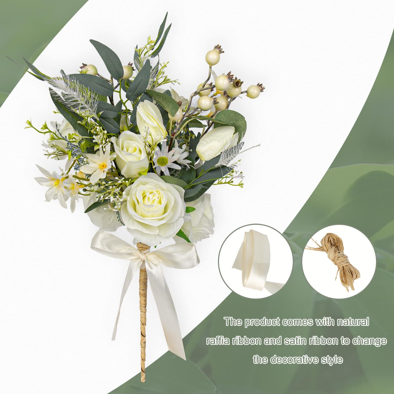 Silk Flower Bouquet, 6 Stems, Rose & Berries, Home Decor (White)