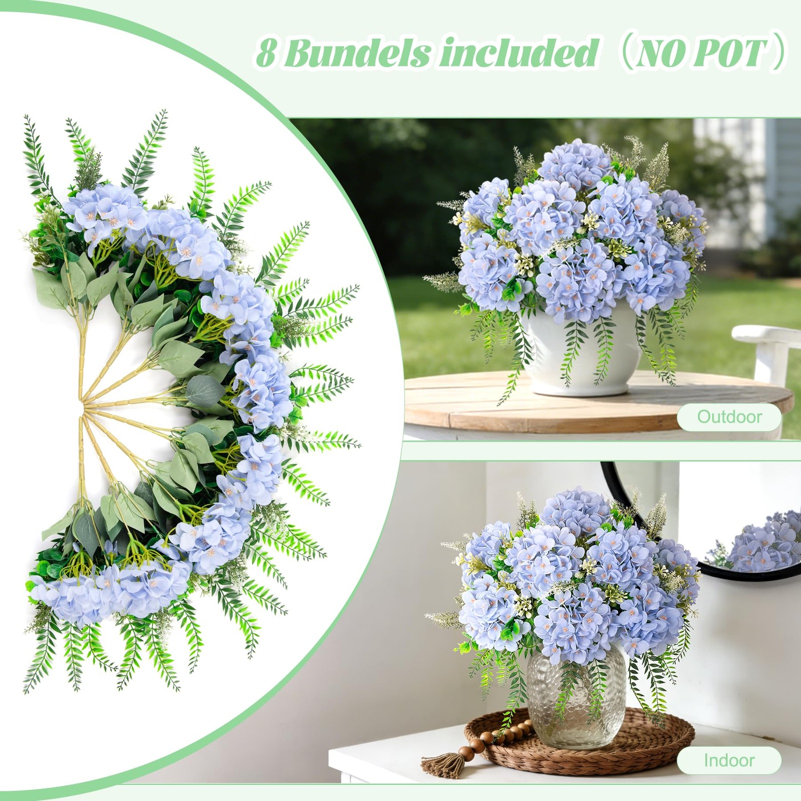 8 Pcs Artificial Hydrangea Flowers Silk Blue Fake Flower with Eucalyptus for …