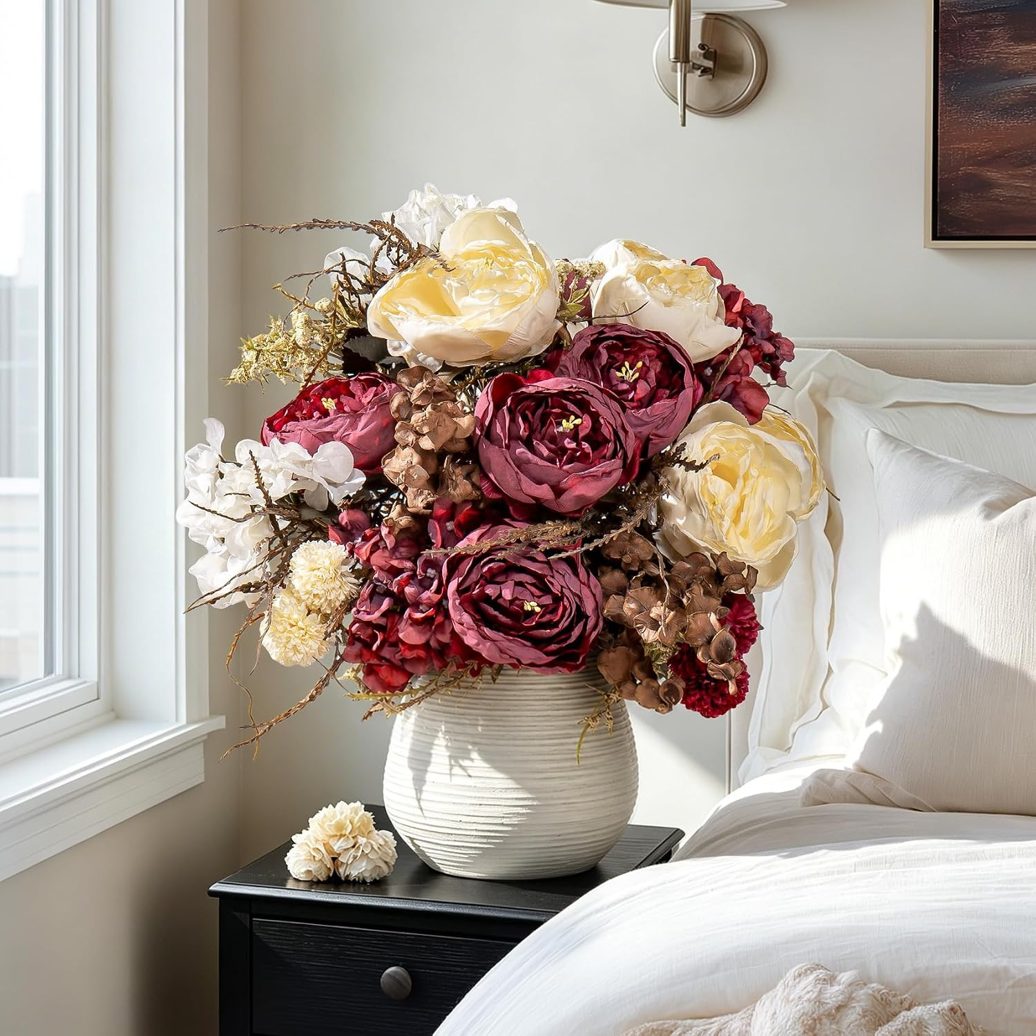 2 Packs Silk Peonies Bouquets – 23 Stems Ivory & Burgundy for Home Decor