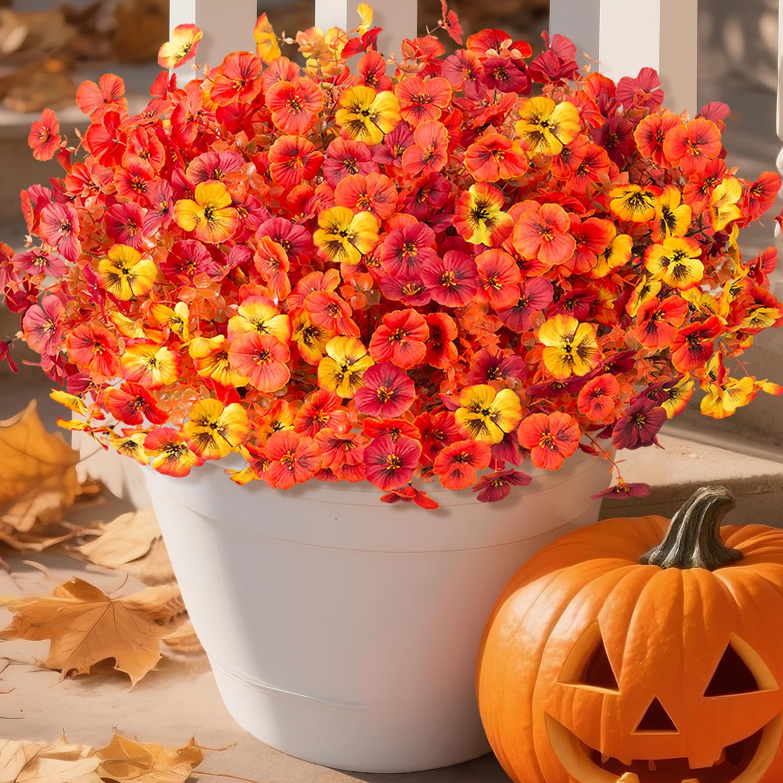 INQCMY Artificial Fall Flowers Faux Pansies Mums 12 Bundle 14″ Red Orange Yellow