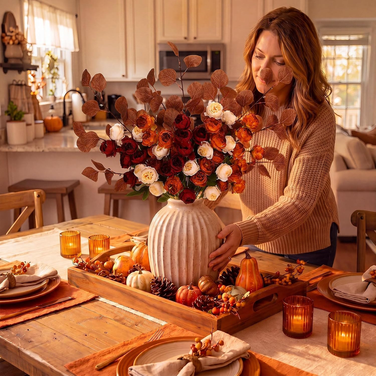 30” Burnt Orange Faux Peonies – 10 Pcs Fall Floral Arrangement for Decor