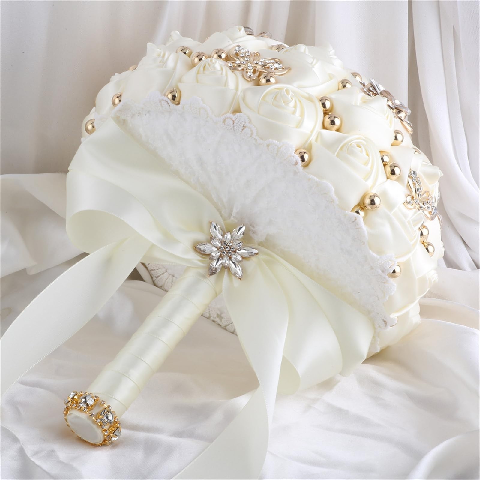 Bridal Wedding Bouquet Throw Toss Artificial Rose Bling Brooch 66#Ivory 6.3 In