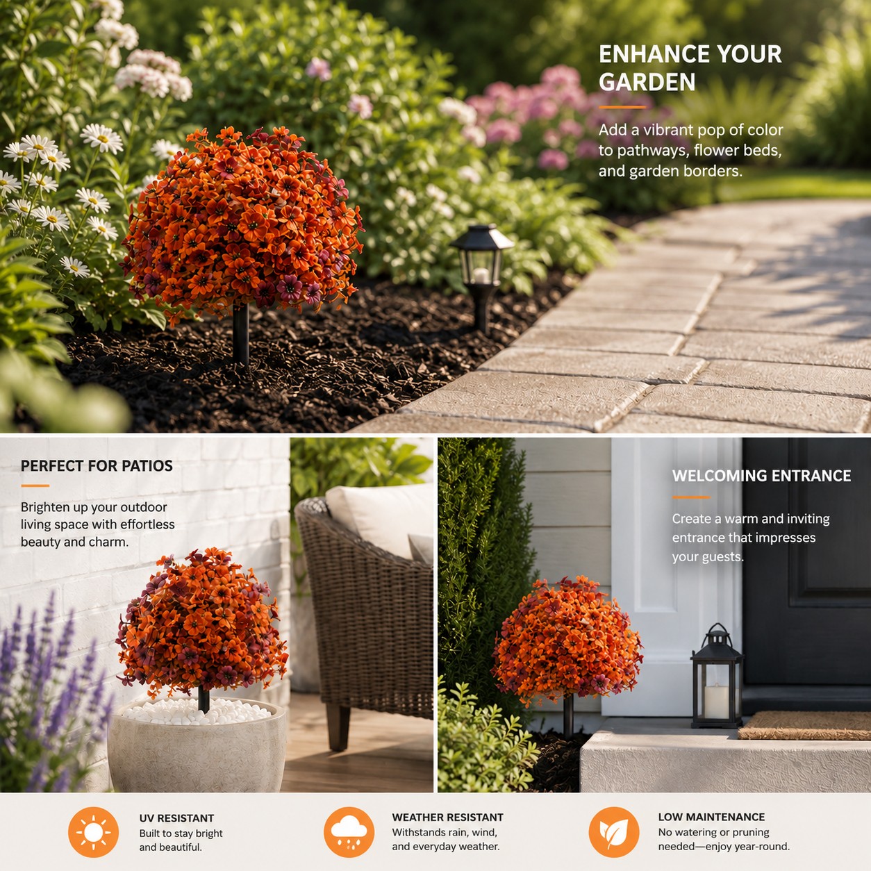 Autumn Orange Fake Flowers with Stake UV Resistant Outdoor Garden Yard Decor