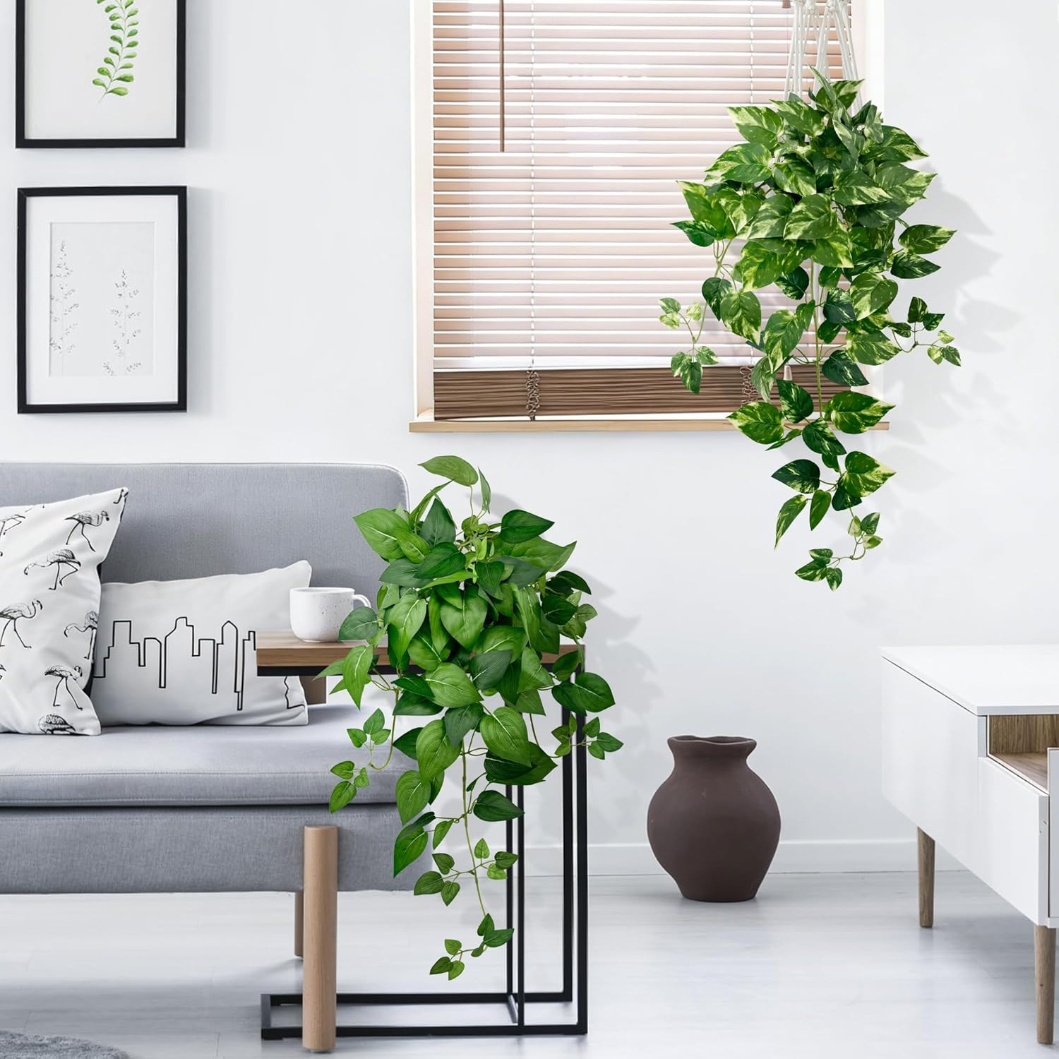 Artificial Hanging Plants with White Pots –2 Pack Fake Pothos Potted Plants Faux