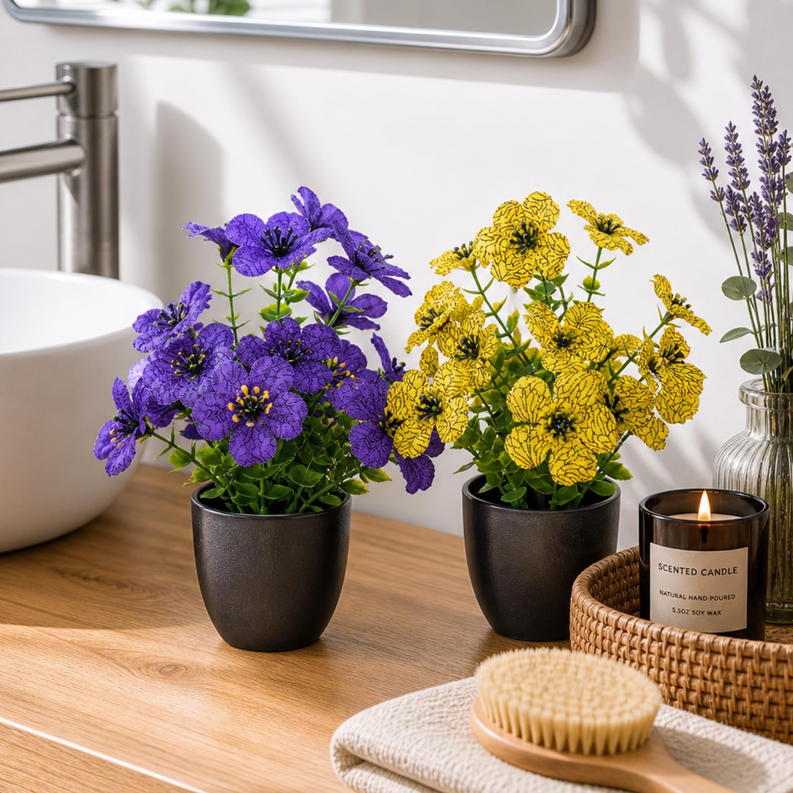 Small Fake Plants 4 Packs Artificial Flowers in Pots Home Decor Fake Flowers