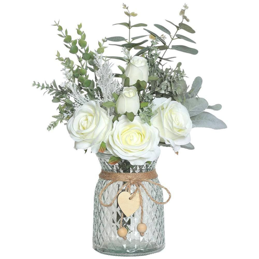 Faux Flowers with Vase 14.5 In. White Artificial Silk Roses Eucalyptus Flower Ar
