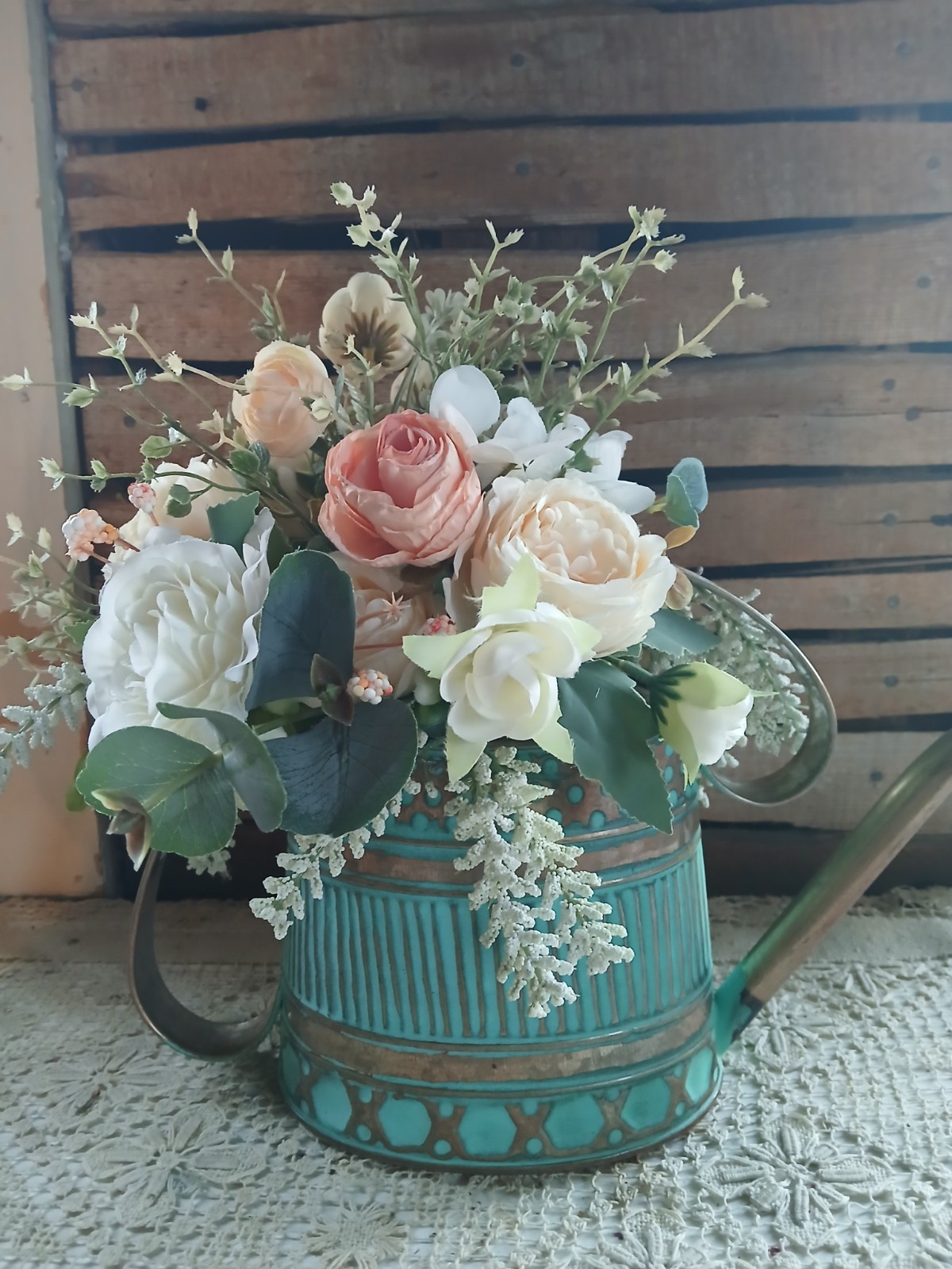 New Silk Flower Arrangement In Teal/Copper Watering Can. Peach, White/ Greens