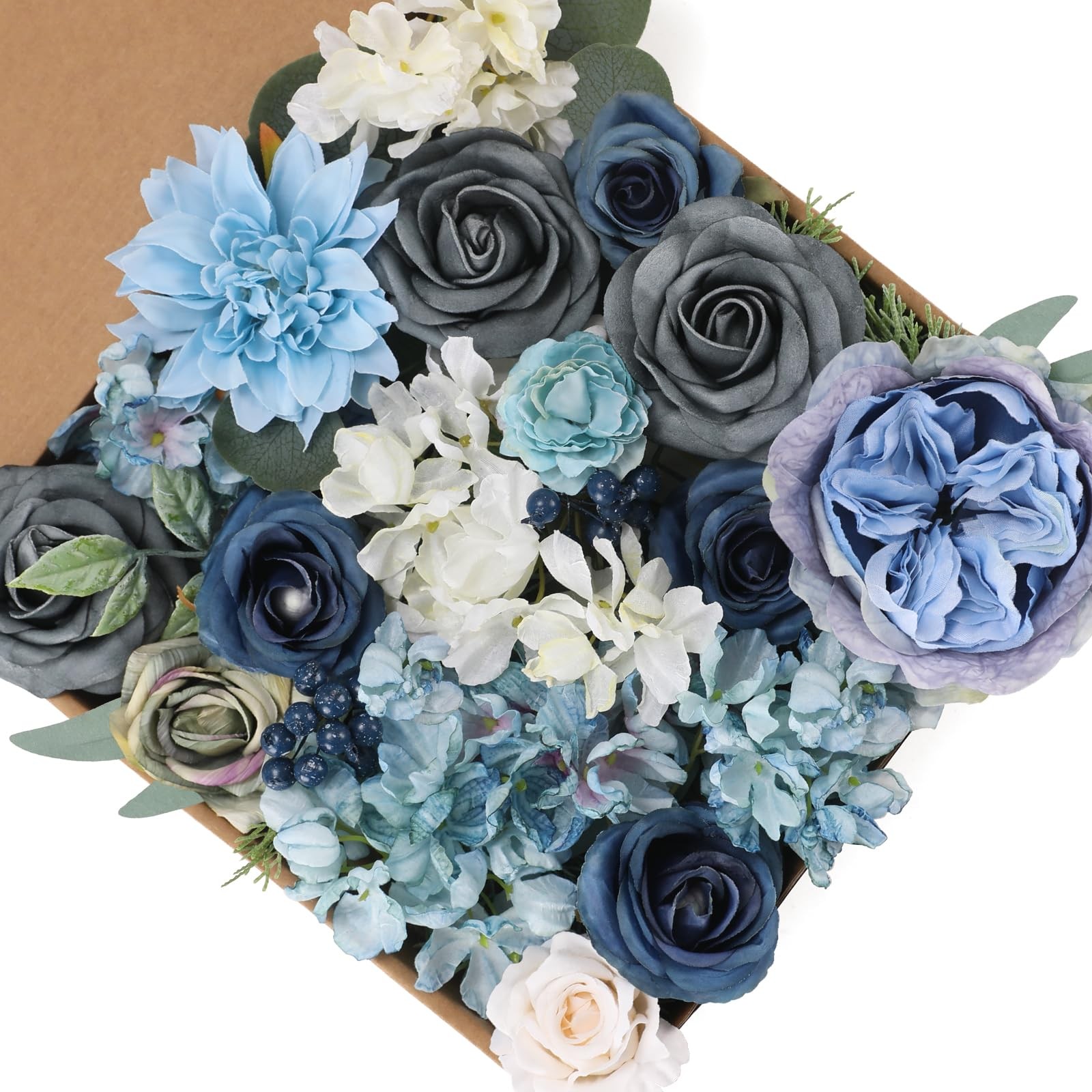 Floweroyal 36 Pcs Artificial Flowers Combo Dusty Blue Flowers Mix Silk Flower…