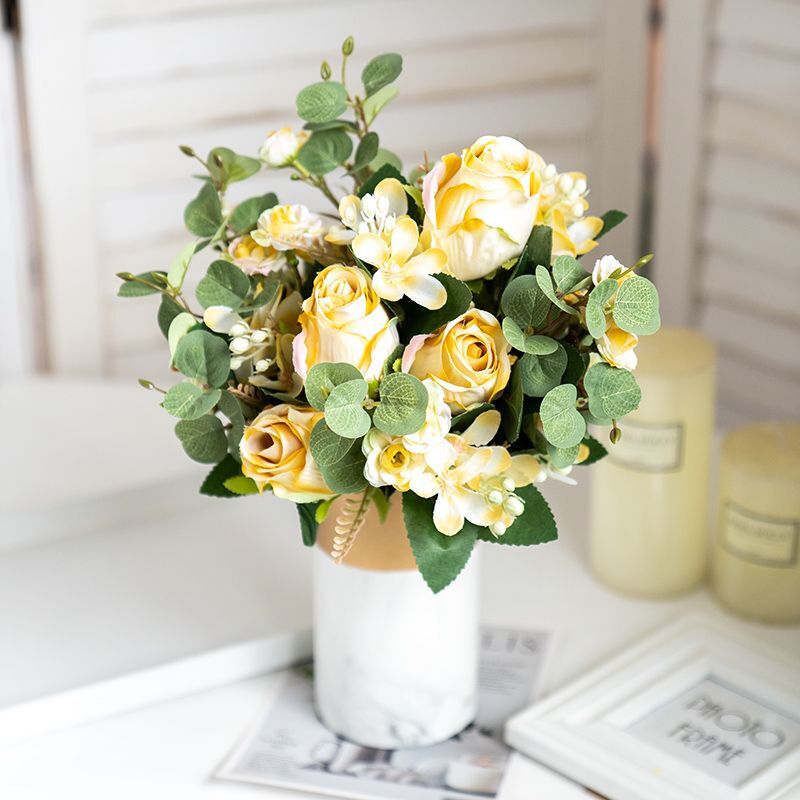 Artificial Rose And Eucalyptus Flower Bouquet High Quality Home / Wedding Decor