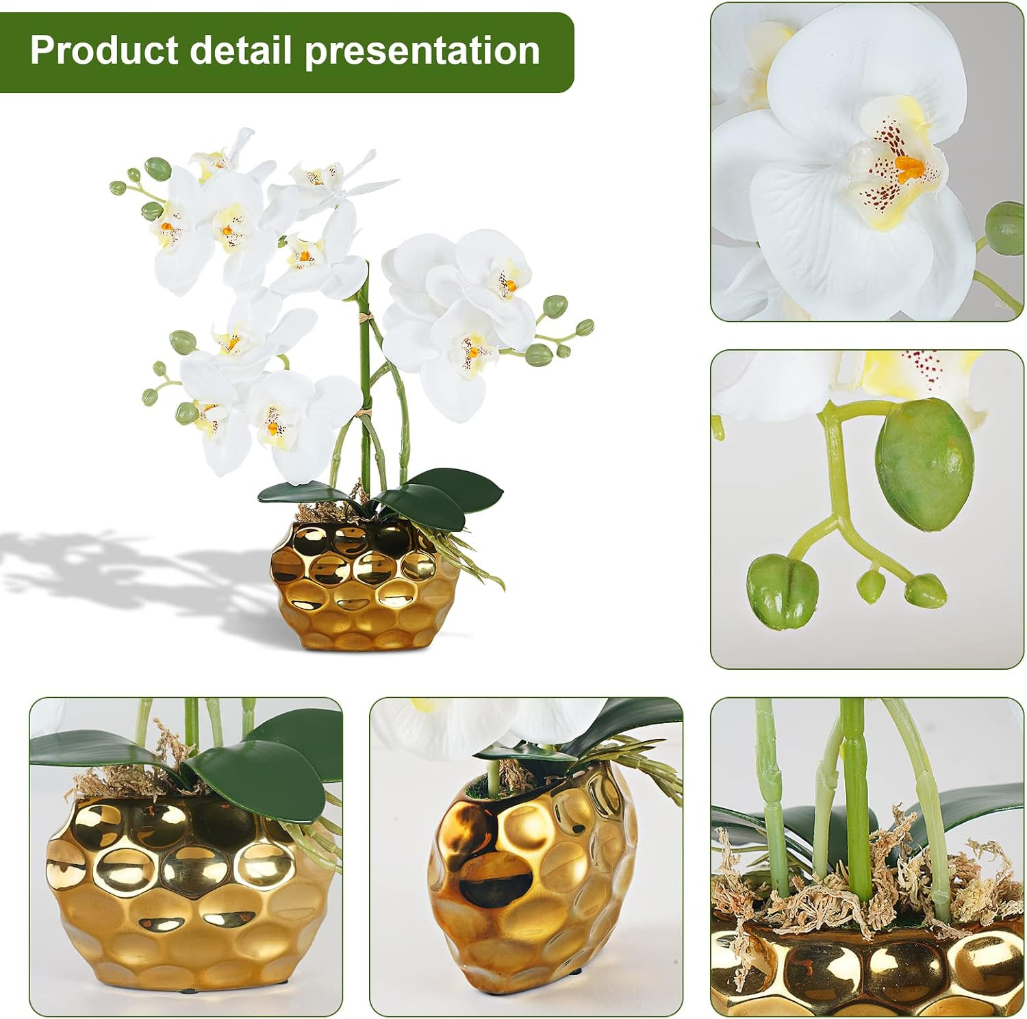 Realistic White Faux Orchid Arrangement in Ceramic Pot for Home Decor
