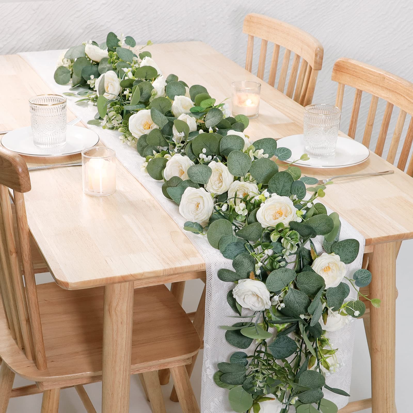 4 Pack Artificial Eucalyptus Flower Garland with White Roses, Fake Rose Flowe…