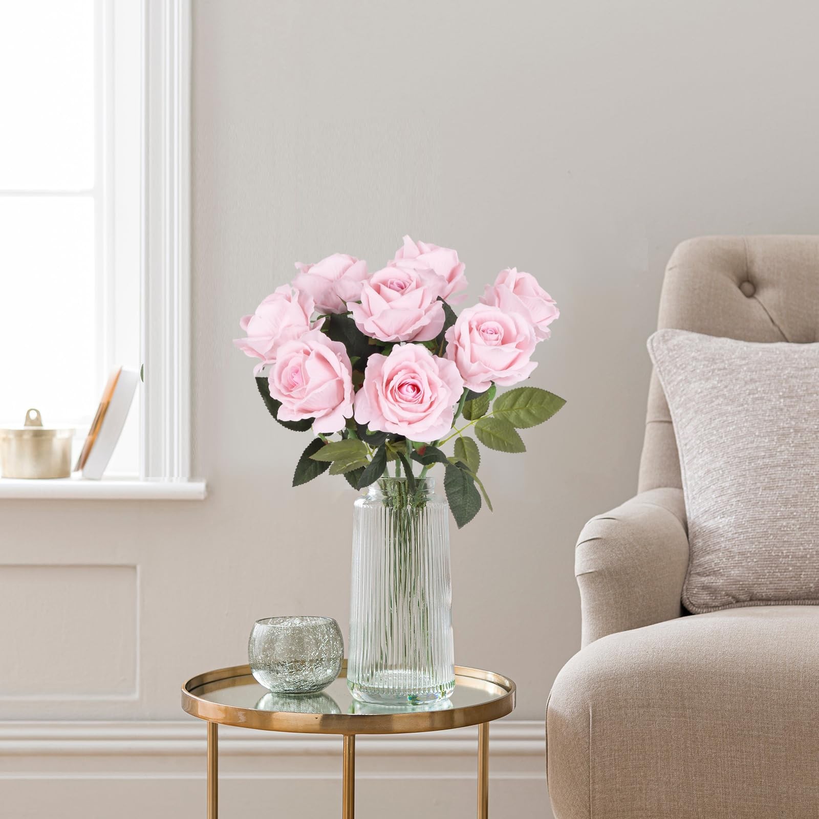 Velvet Roses Artificial Flowers,10PCS Light Pink Flowers 19.7″ Long Stem Fake…