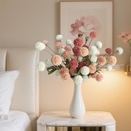 Fake Flowers, Artificial Mums With Long Stems, Faux Pompon Mums 10 Pcs 3 Mixed