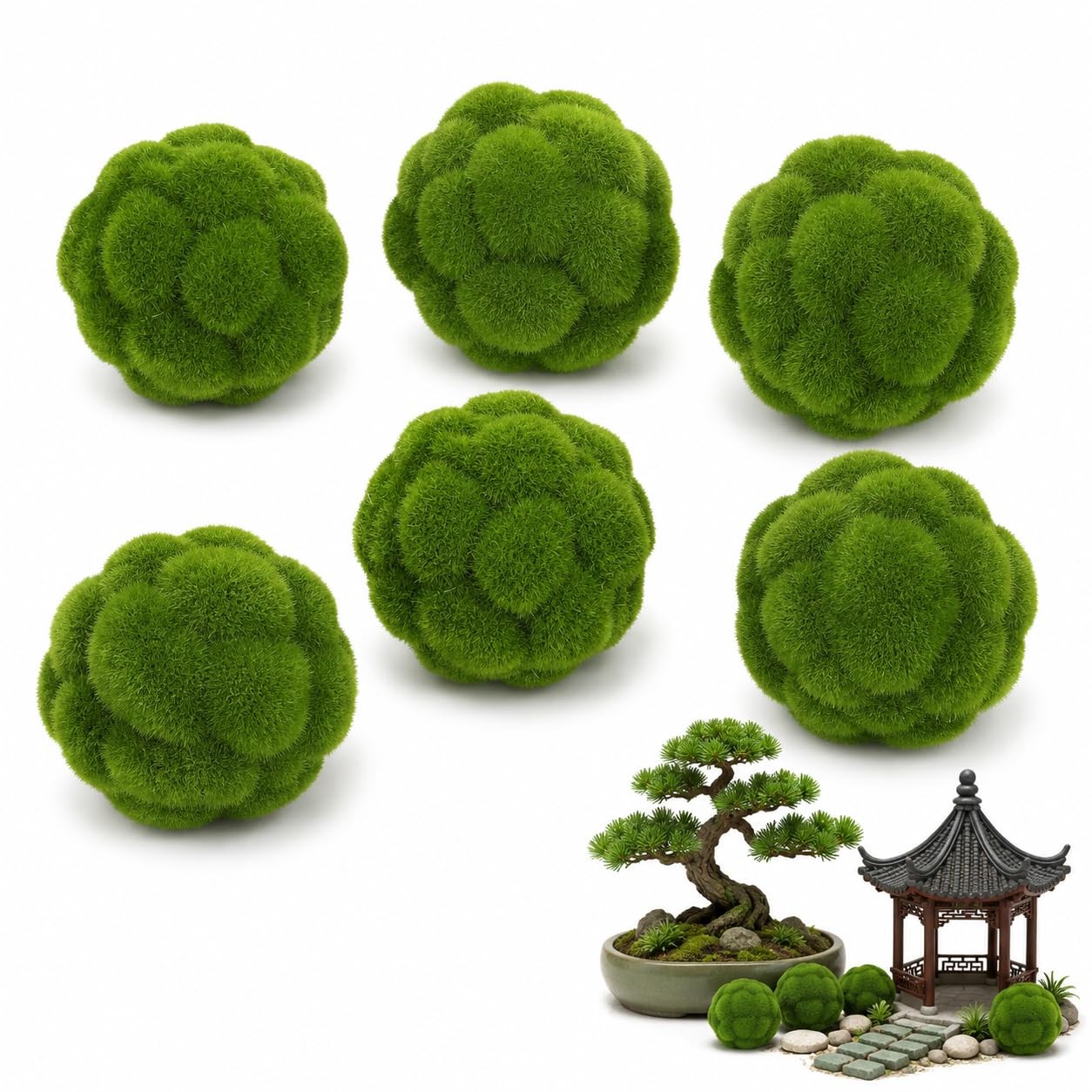 Green Moss Balls Decorative Bowl Artificial Plant Spheres Home Garden 6 PCS