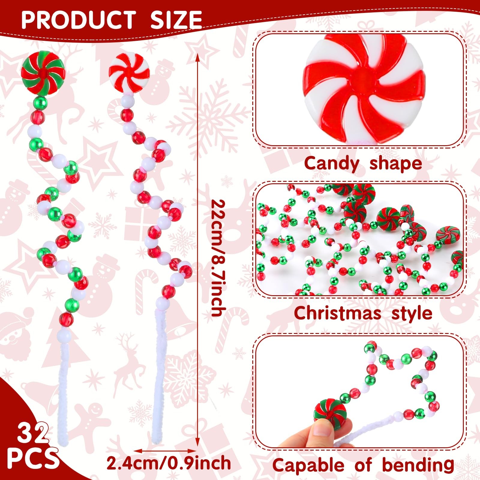32 PCS 8.7 Inch Red Green White Candy Christmas Tree Picks Curly Ornaments