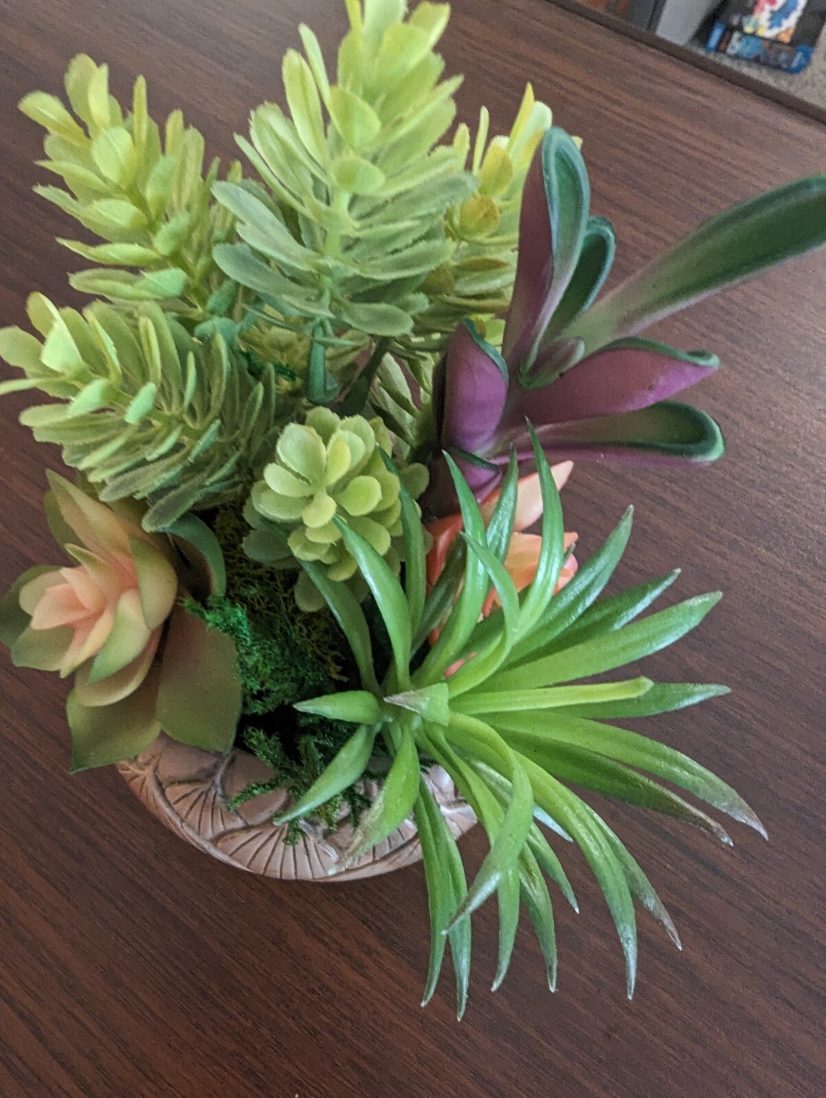 Carved Stone Lotus Bowl Repurposed W/Faux Succulents 5 In. Tall 4 In Wide