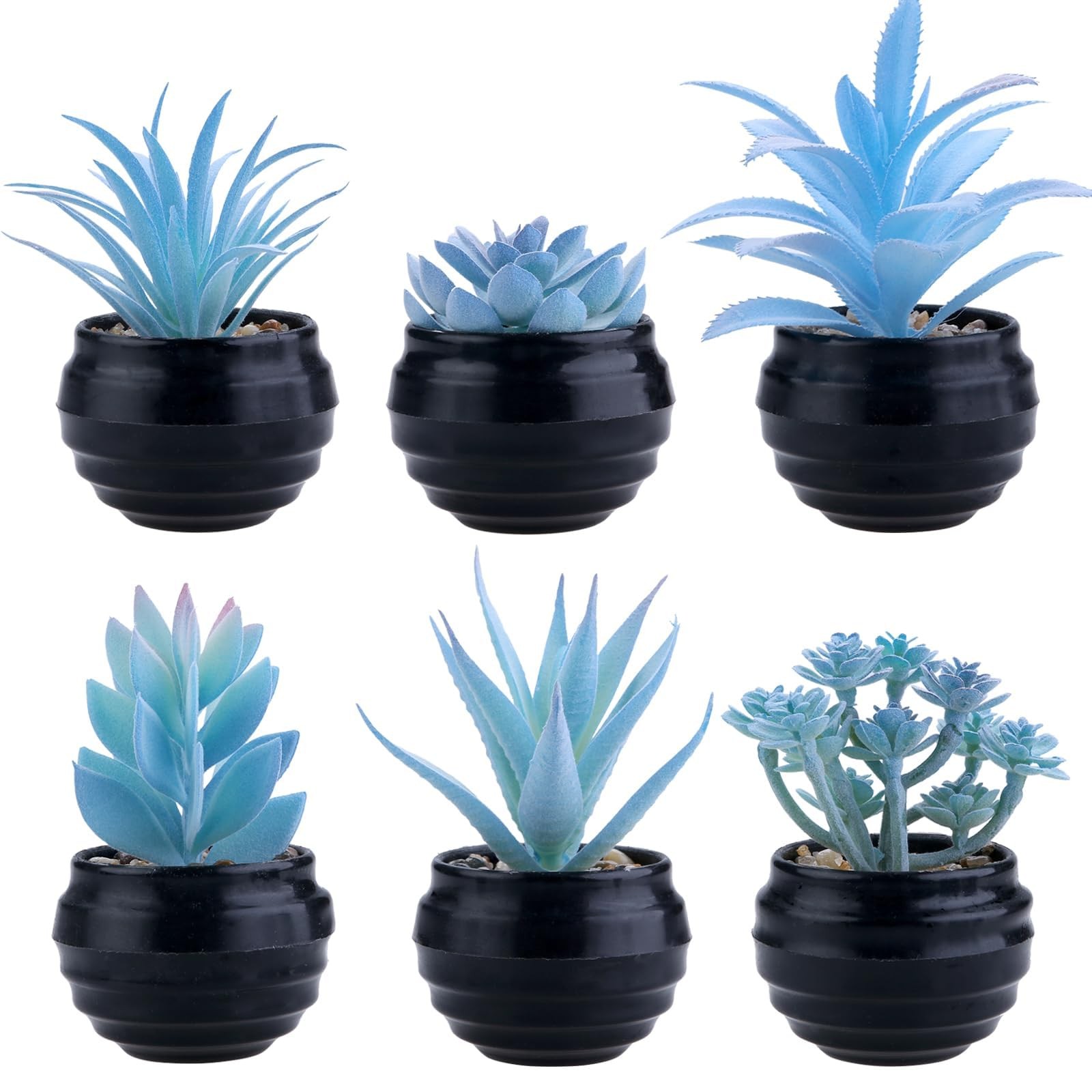 6 Blue Artificial Succulents in Mini Black Pots, Faux Indoor Desk & Home Decor