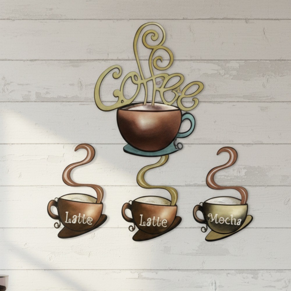4Pc Reusable Retro Coffee Mug Wall Art Peel & Stick Metal Decor Set