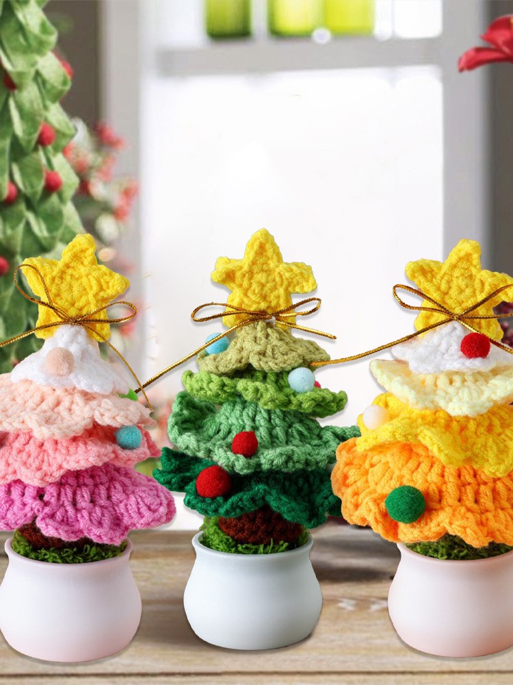 ↑Knitted Mini Xmas Tree Simulation Crochet Xmas Tree Bonsai Ornament For Mall
