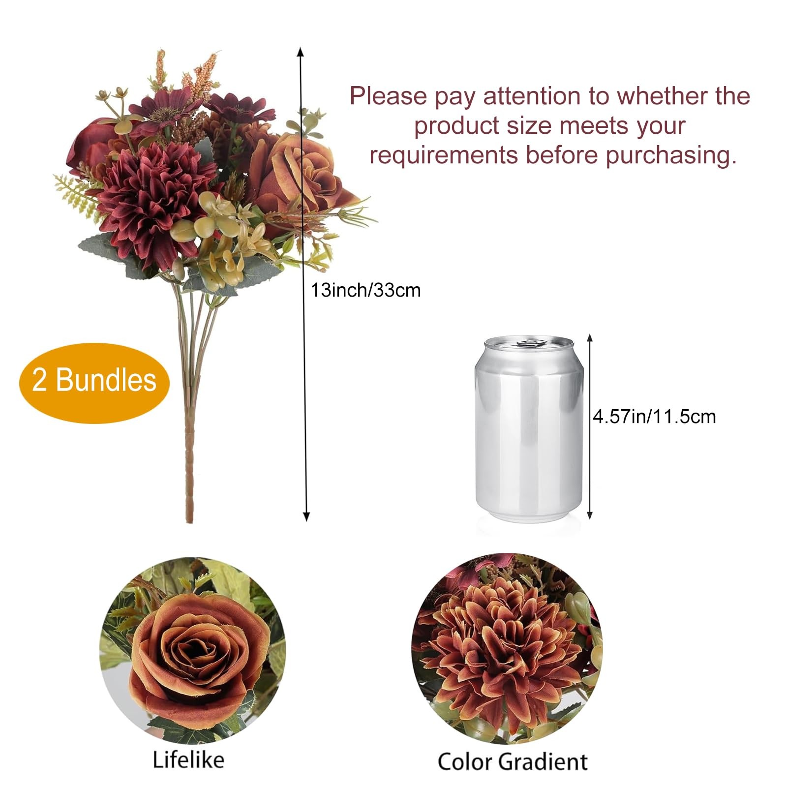 2 Bundles Artificial Fall Flowers 2 Colors Fake Roses Silk Bouquets with Hydr…