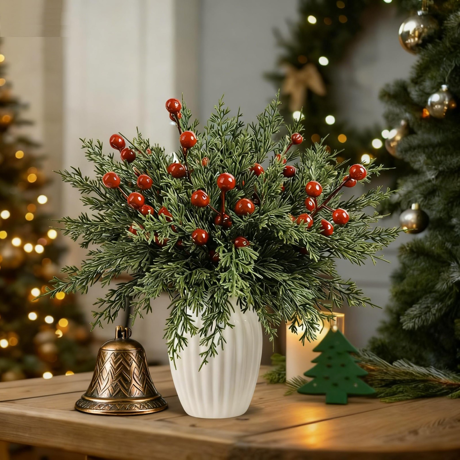 Christmas Artificial Pine Branches with Red Berry Stems 10″ Home Decorations