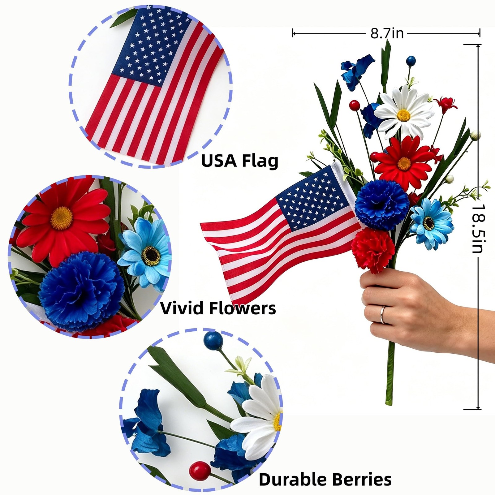 4 Pack 4th of July Picks Patriotic Artificial Red White Blue Daisy Flowers wi…