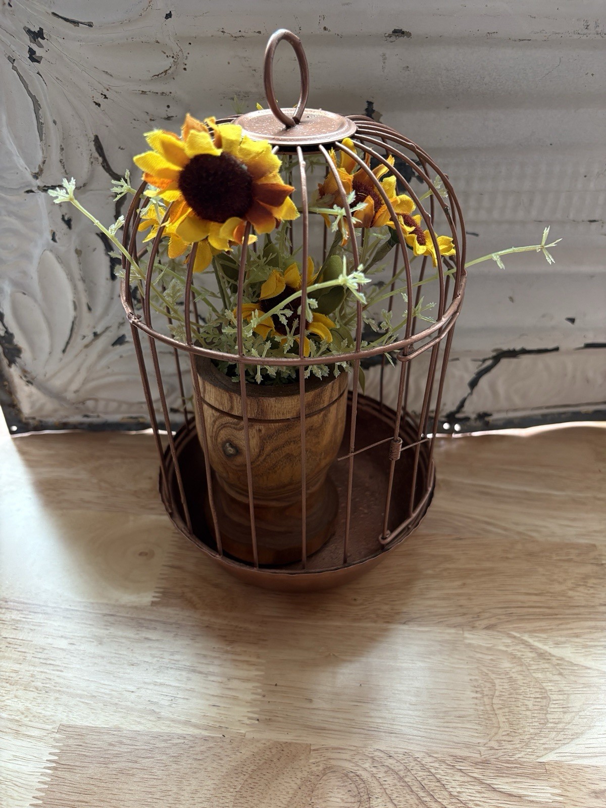 Decorative metal bird cage with wooden pedestal and faux florals #B5