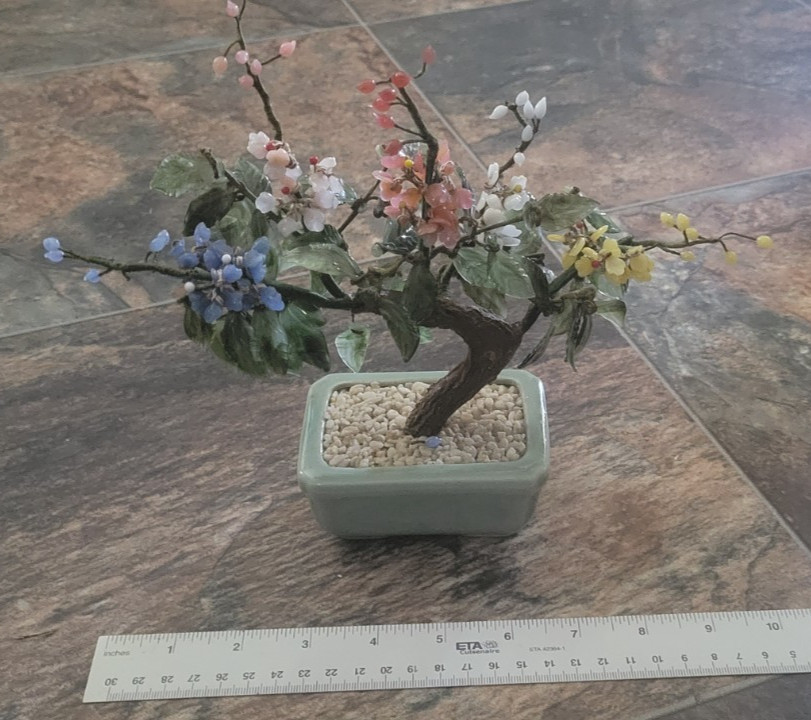 Vintage Chinese Glass Jade Bonsai Tree Celadon Pot Multi Color Flower Marked 9″