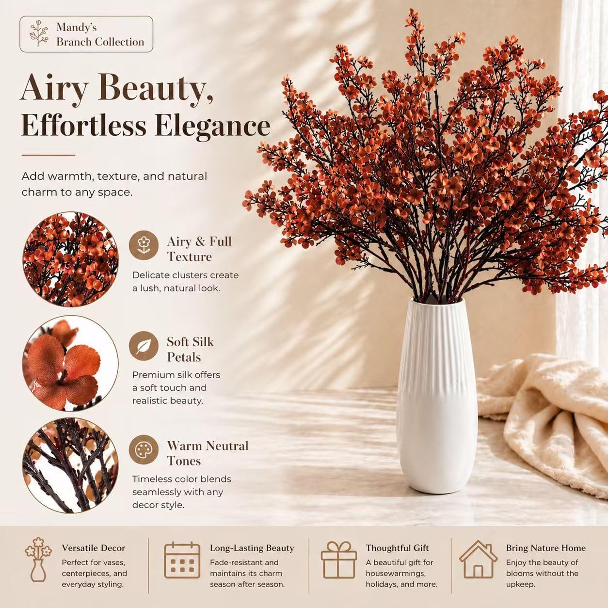 15 Bundles Burnt Orange Artificial Babys Breath Silk Gypsophila 18.5 Inch