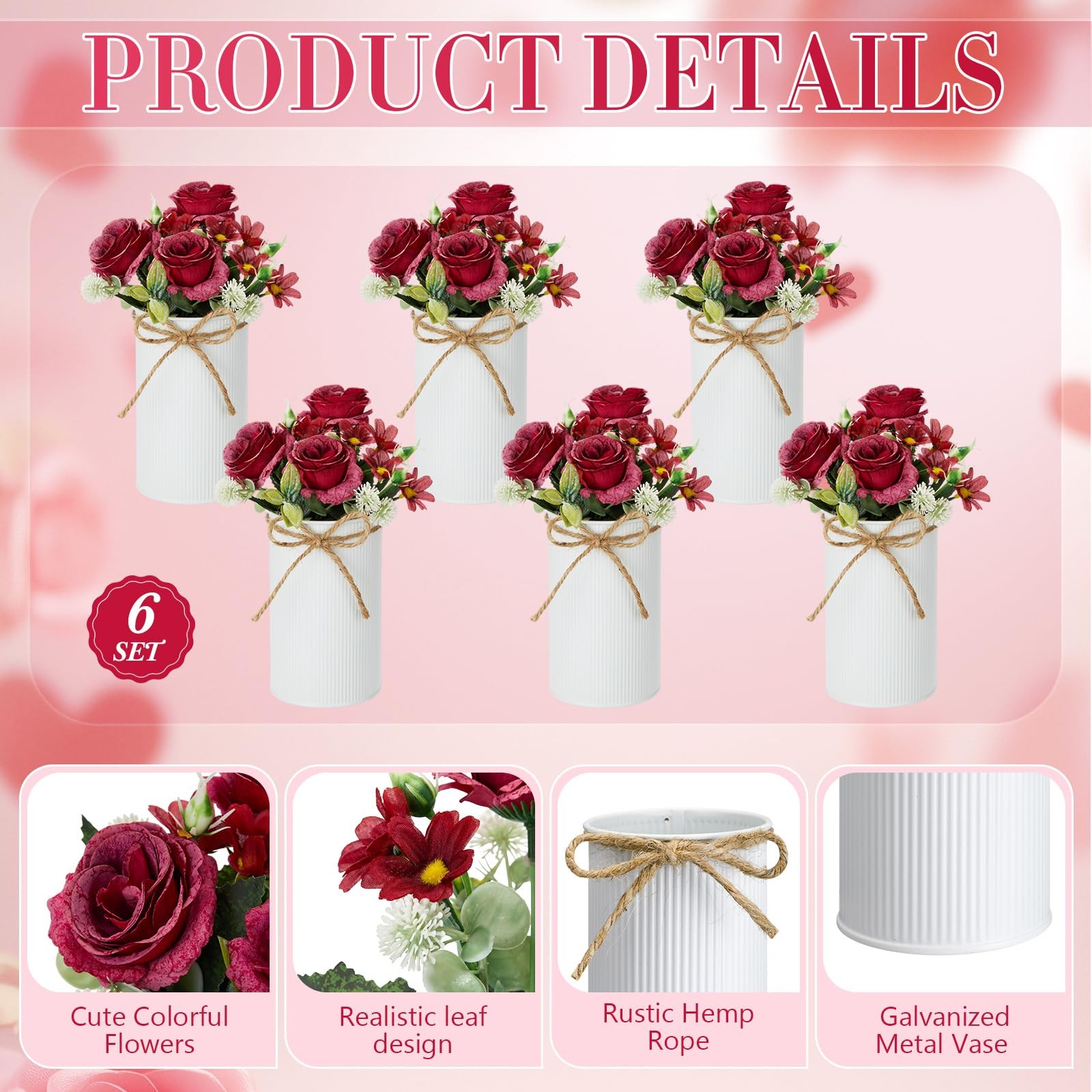 6 Sets Red Artificial Fake Rose Flower Metal Vase Wedding Centerpiece Floral