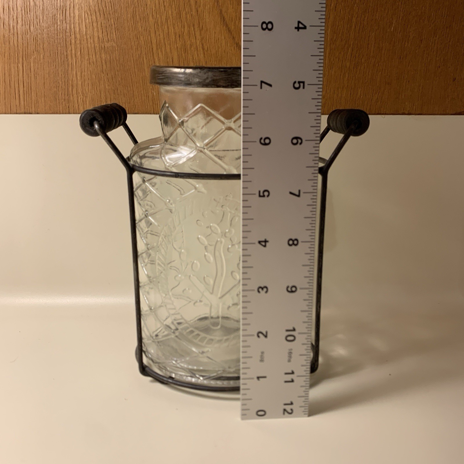 Vtg Tree Embossed Flower Arranging FROG Vase Glass Jar Metal Lid Wood Accent