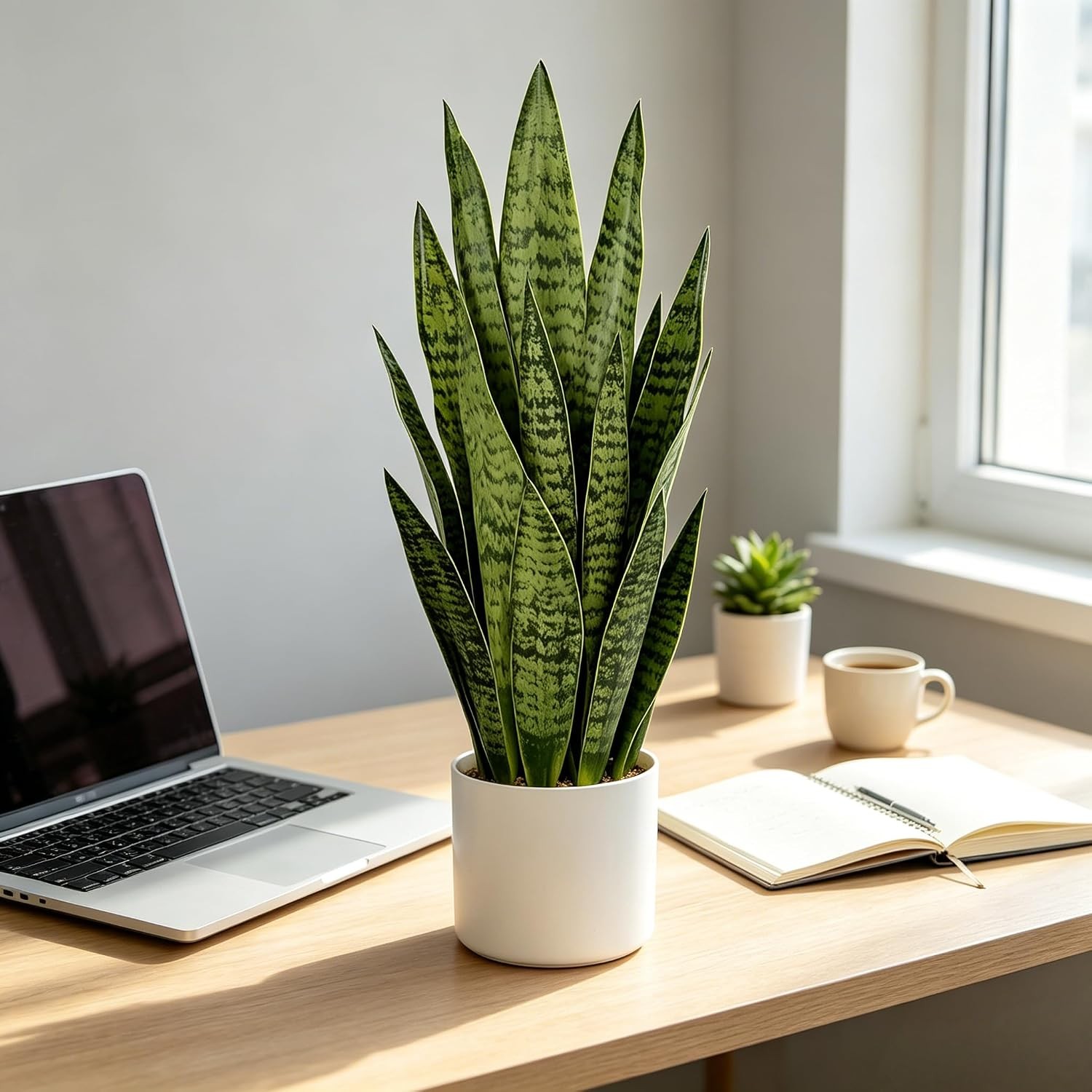 Fake Snake Plant, 27in Artificial Plant with White Pot Realistic Leaves, Low