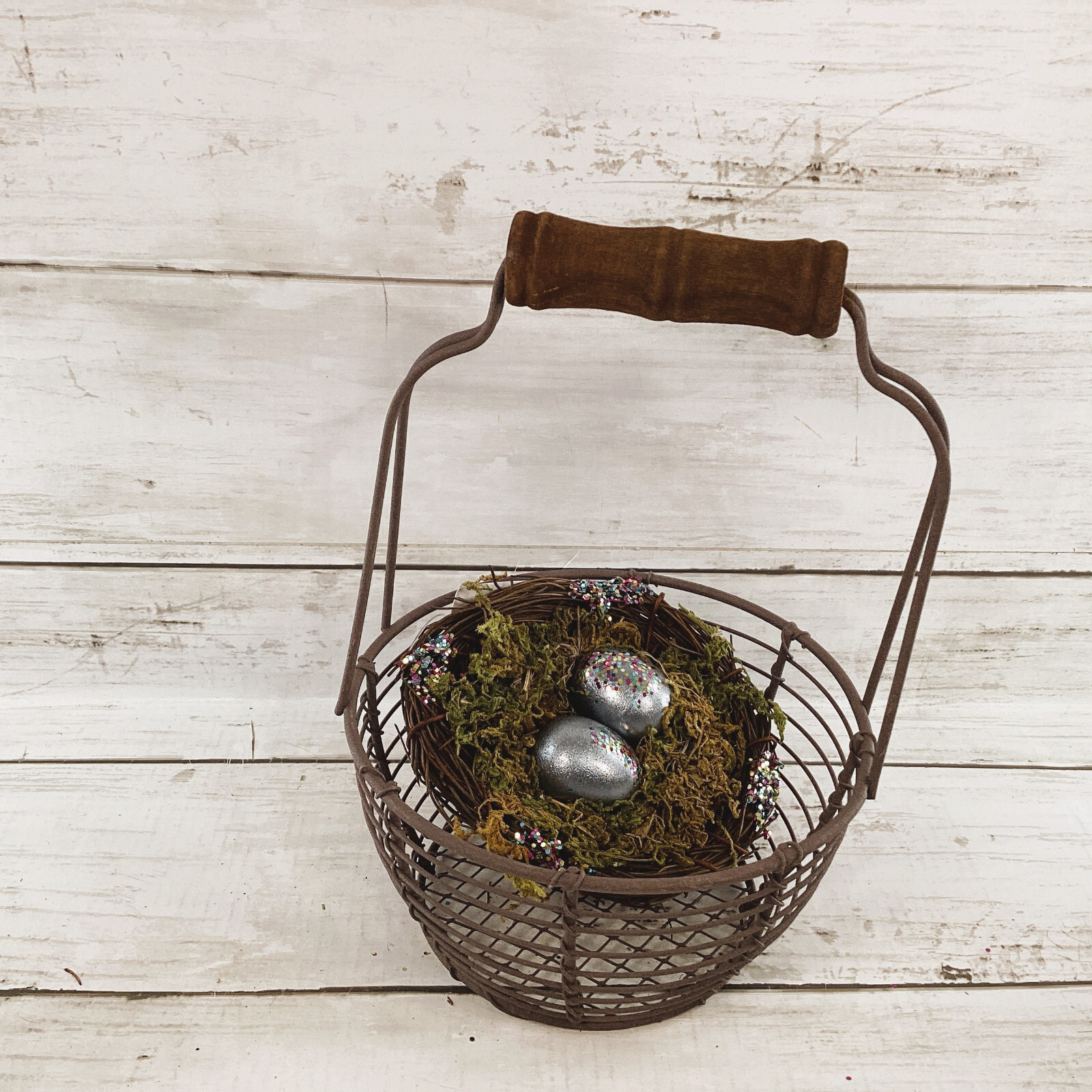 CWI Easter Decor – Prim Egg Basket Wood Eggs Birds Nest