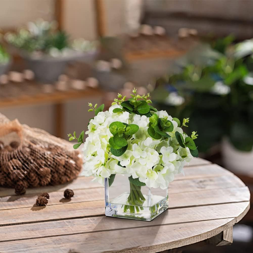 Elegant Silk Hydrangea Arrangement in Faux Water Vase for Home & Weddings
