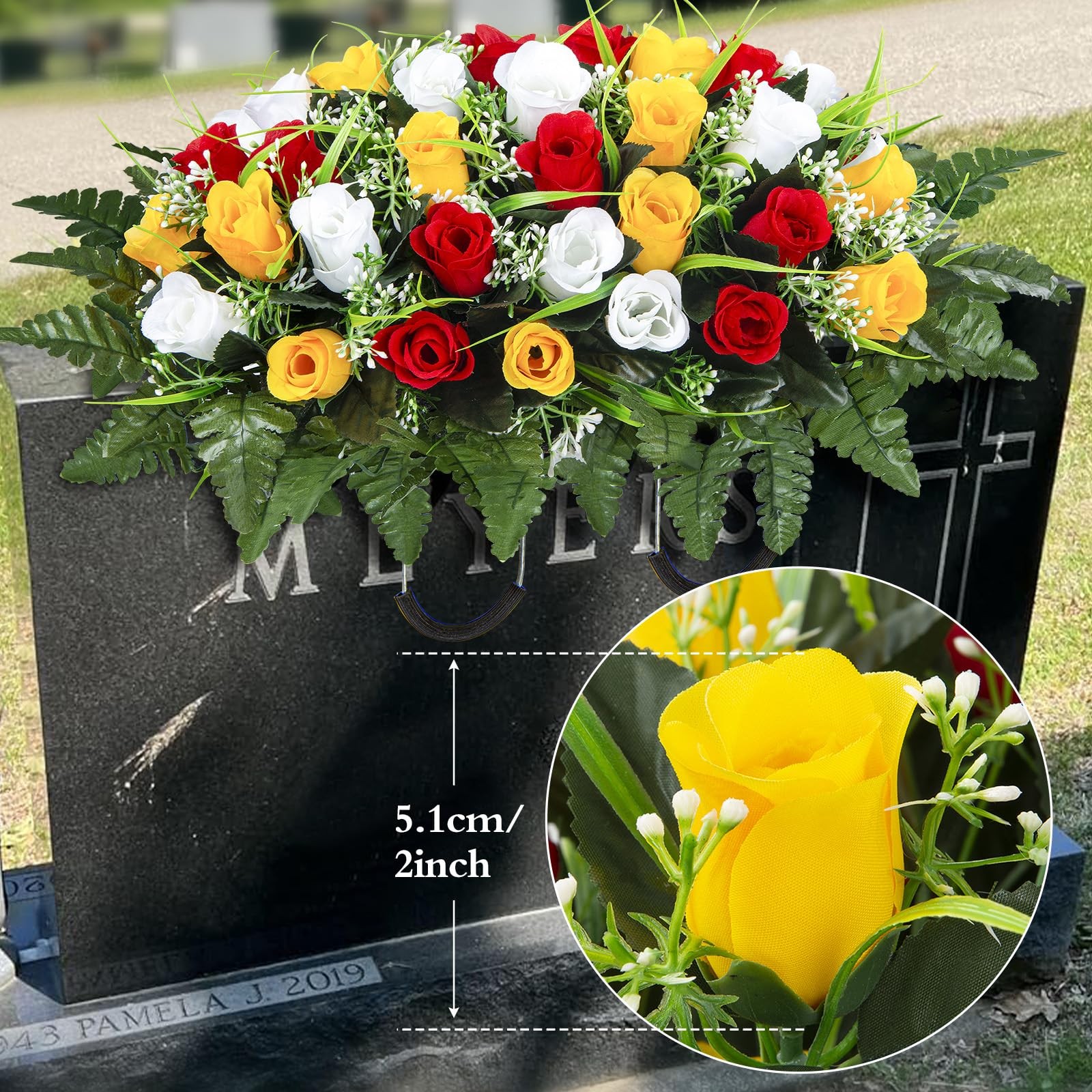 Artificial Cemetery Flowers Saddle, 2 Sets Grave Flowers Rose with Vase, Memo…