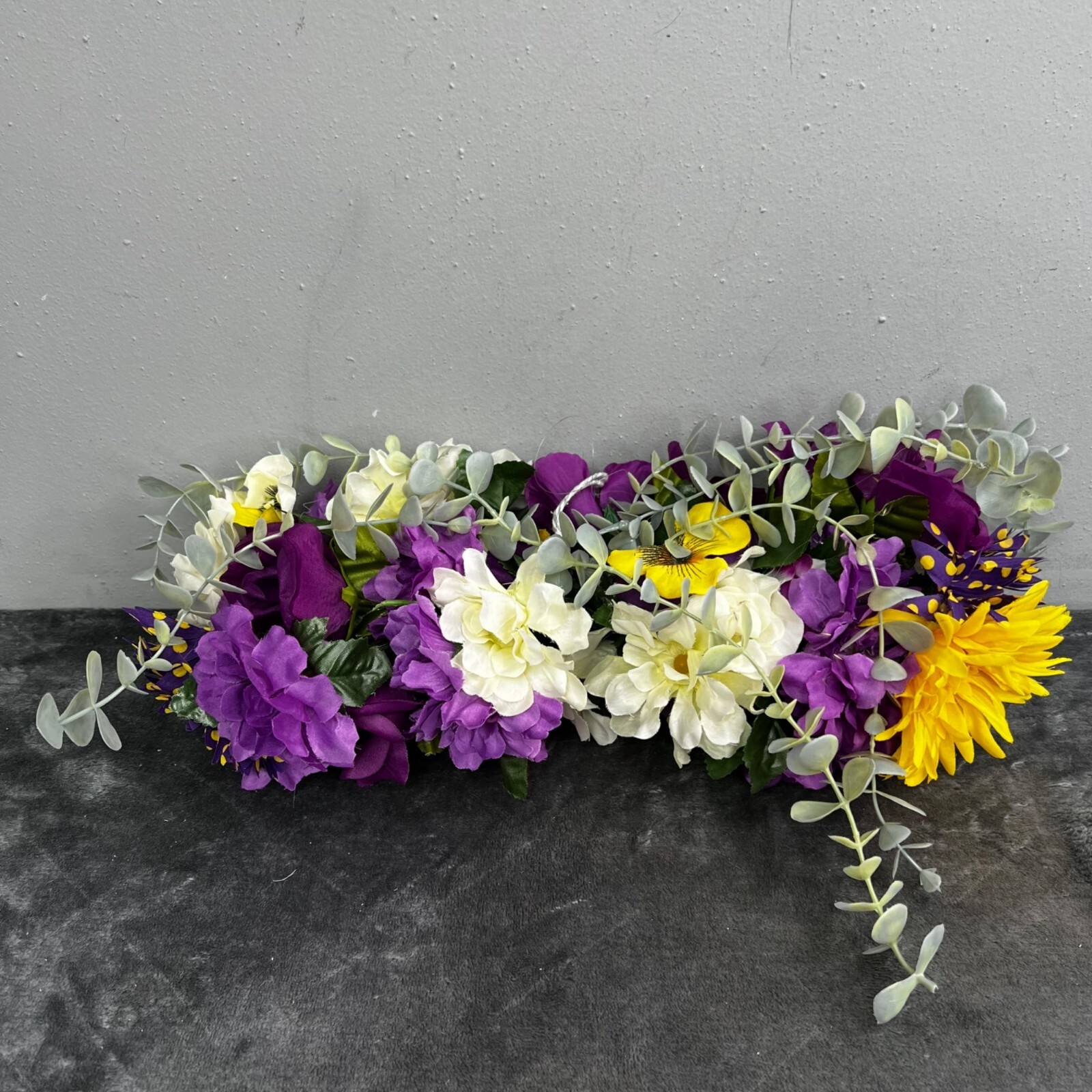 Floral Swag Purple Yellow White Green Faux Flowers Arch Curved Wood Sign Wedding
