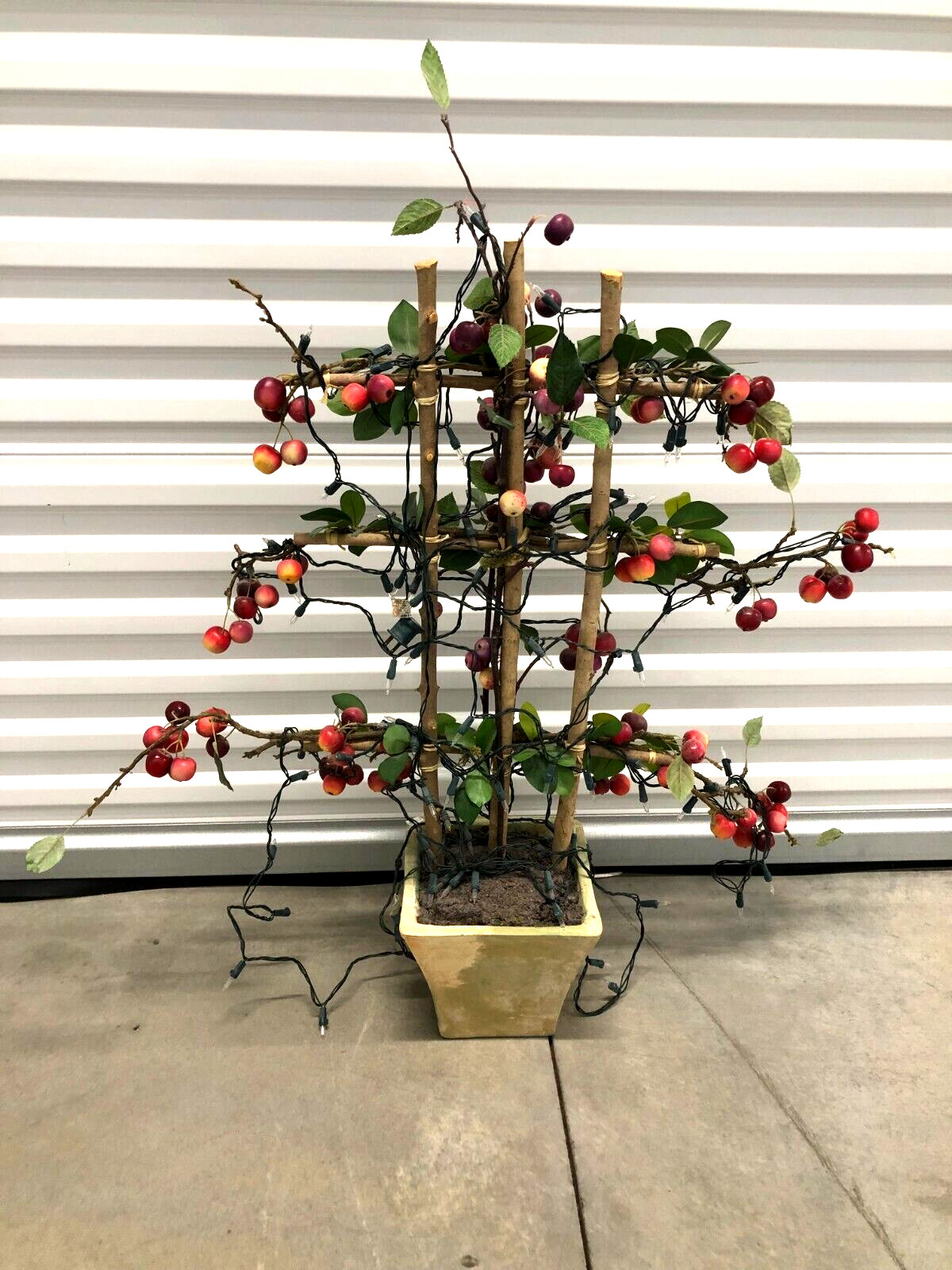 Lighted Faux Crabapple Tree on Bamboo Trellis, Decor Artificial Plant & Fruits