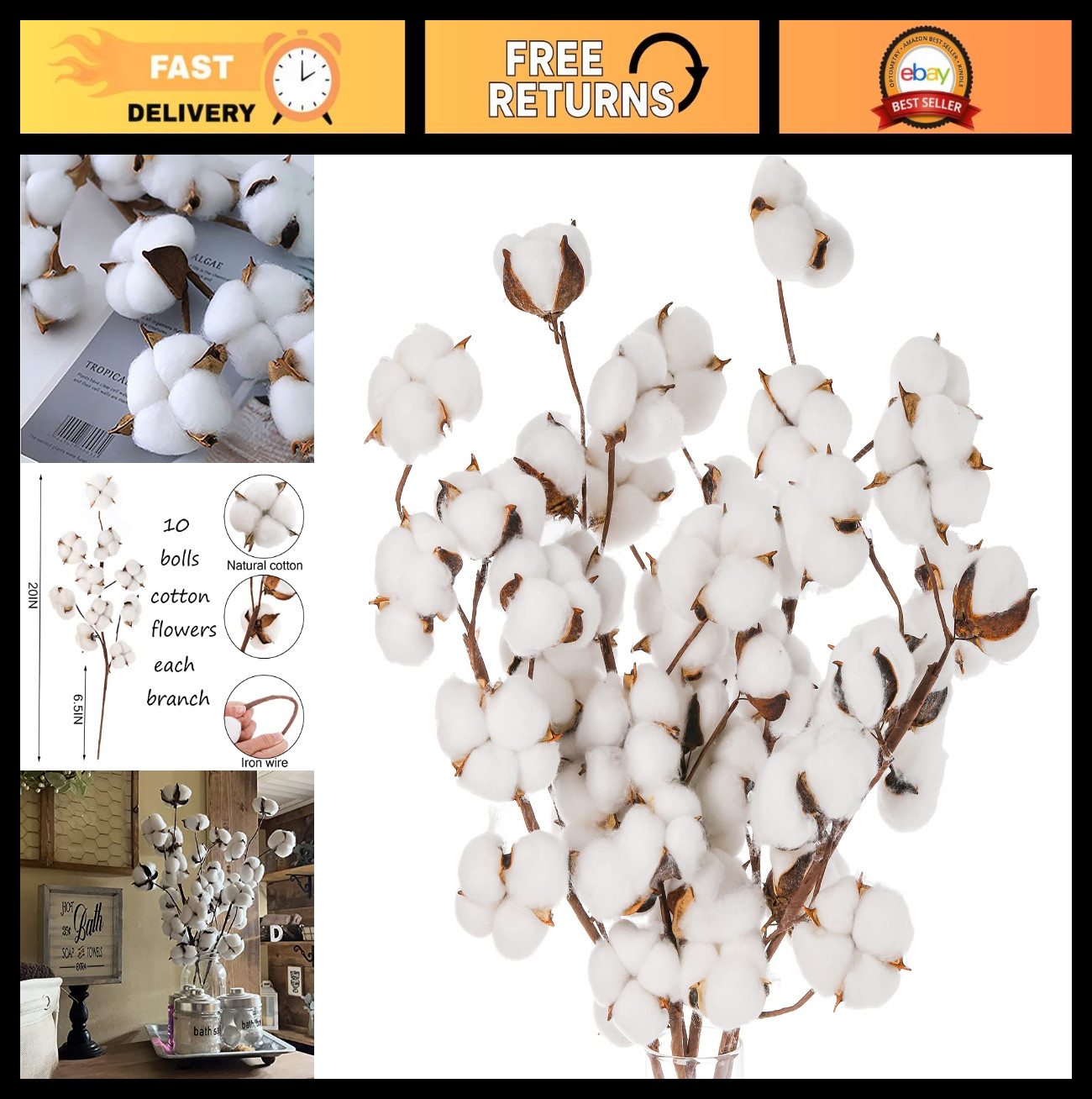 5 Pack Cotton Stems – 50pcs Cotton Flower Bolls, 20″ Natural Floral Branches for