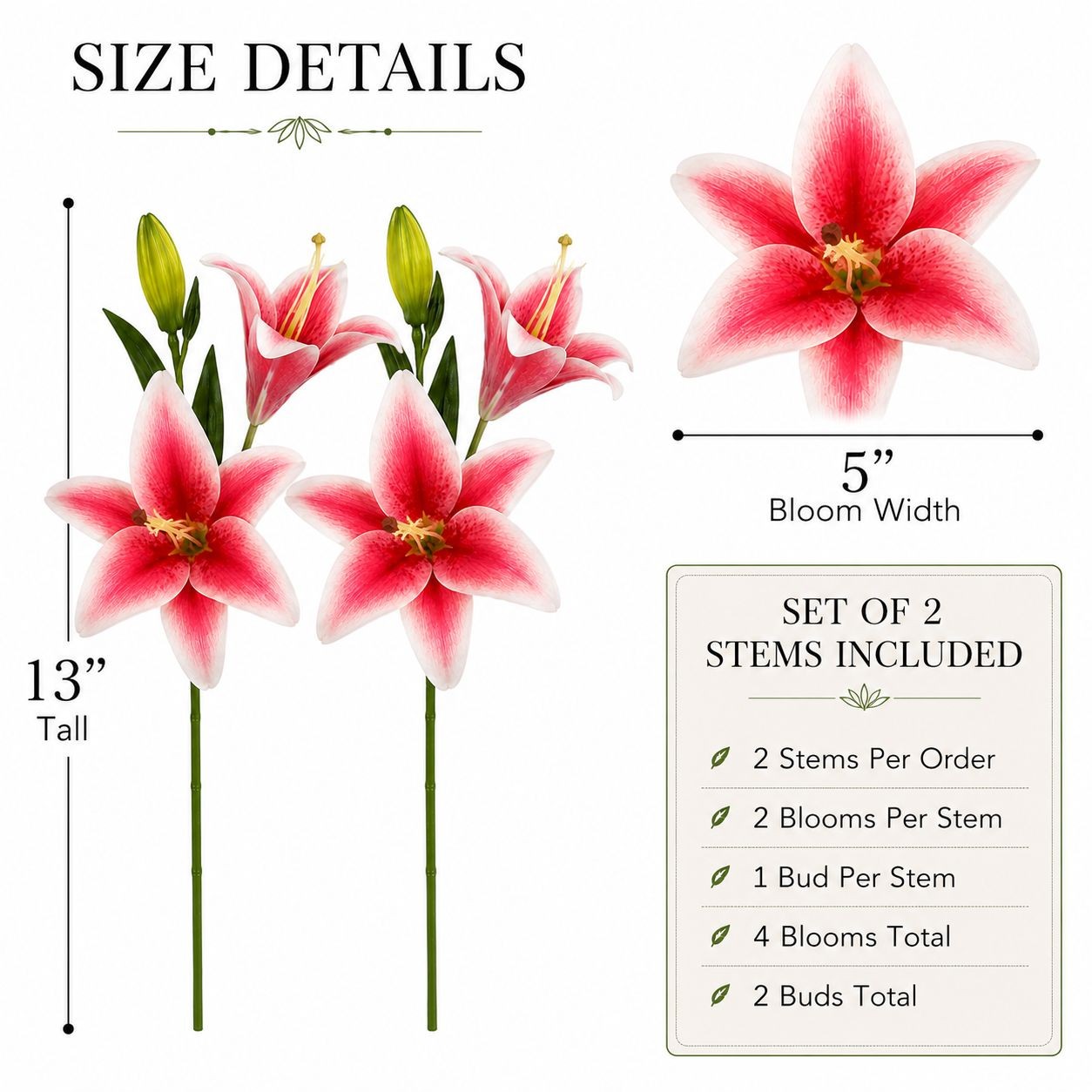 Real Touch Pink White Lily Stems Set of 2, Artificial Lily Flowers, Faux Floral