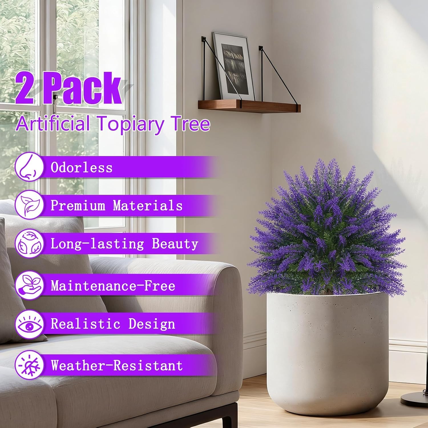 24in Artificial Lavender Topiary Bushes Set of 2 UV Resistant Fake Plant Decor