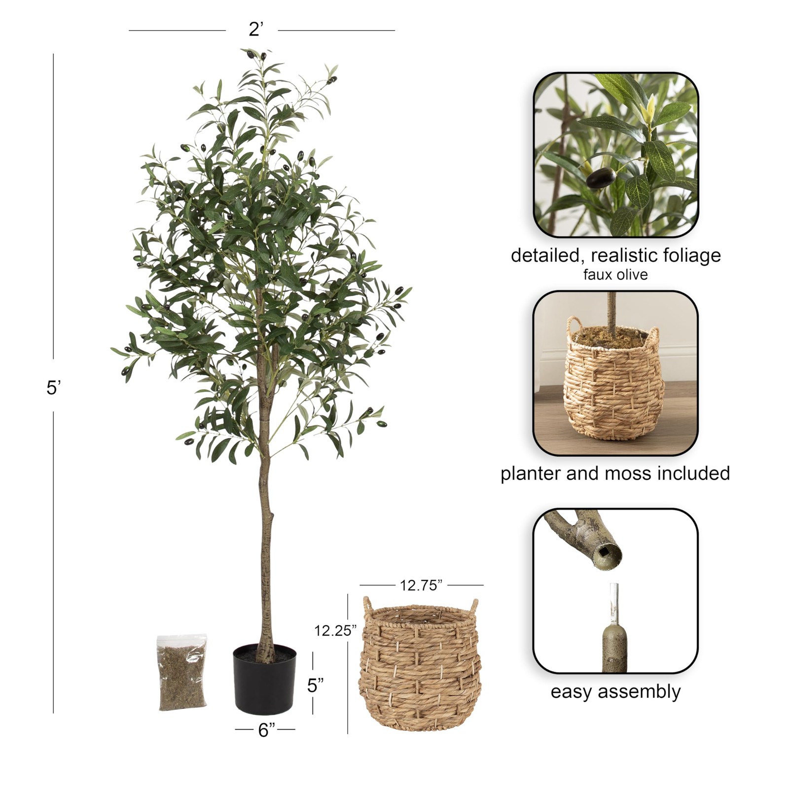Oliveira Faux Olive Tree with Livia Woven Basket, 5 FT, Natural Water Hyacint…
