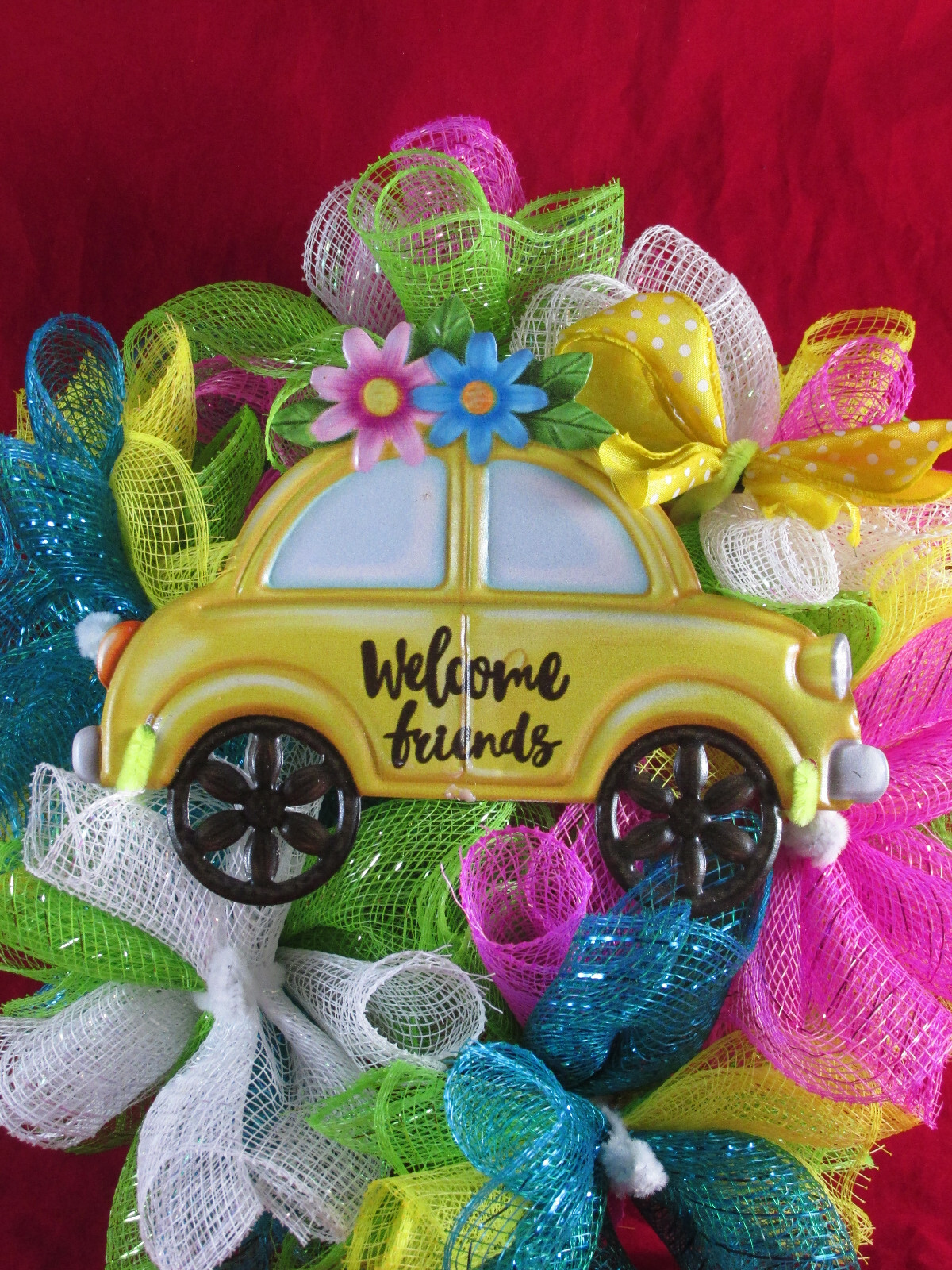 8 Inch Spring Cruffle Deco Mesh Ribbon Wreath